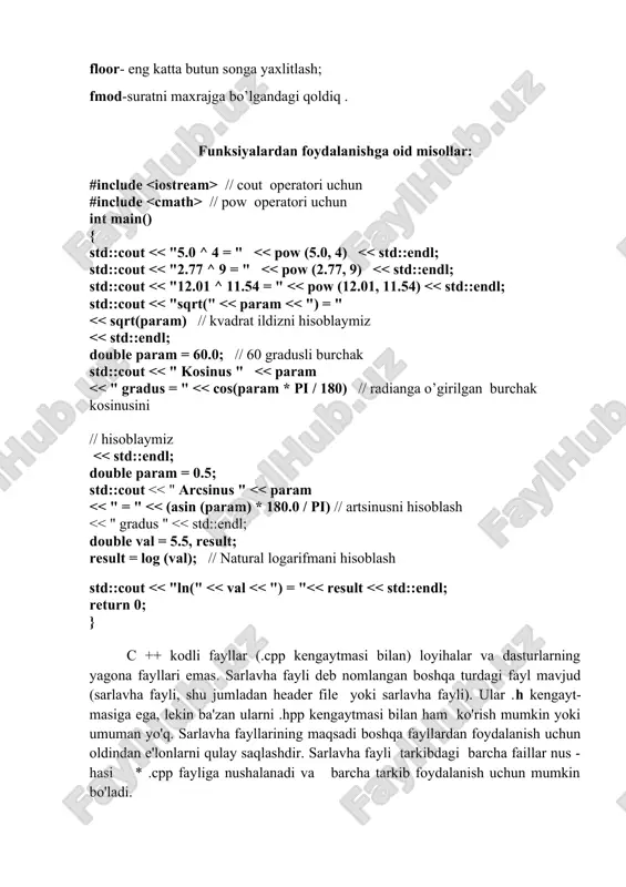 223 372 036 854 775 808 .0 / 9 223 372 036 854 775 807.0 ma'lumotni tilga kiritishning ikkita usuli mavjud: formatlangan kirish-chiqish yoki oqim. formatlangan kiritish usulida scanf operatori va ma’lumotlarni chop etish uchun printf operatorlaridan foydalanadi. operatorlarning sintaksisi quyidagicha: scanf( [, ]); printf( [, ]); format tavsifi satri oddiy belgilar, maxsus boshqaruvchi simvollar ketma-ketliklari va format xususiyatlaridan iborat. oddiy belgilar va qochish ketma-ketliklari paydo bo'lishi tartibida oddiy chiqish oqimiga ko'chiriladi. format xususiyatlari% dan boshlanadi va ko'rsatiladigan qiymat turini belgilaydigan belgi bilan tugaydi. bundan tashqari, format xususiyatlarida ko'rsatilgan qiymatning ko'rinishini boshqarish uchun belgilar va raqamlar bo'lishi mumkin (batafsil ma'lumot uchun pastga qarang). chiqish ro'yxati o'zgaruvchilardan va / yoki qiymatlari chiqarilishi kerak bo'lgan doimiylardan iborat. format spetsifikatsiyalarining soni chiqish ro'yxatida ko'rsatilgan chiqish qiymatlari soniga teng bo'lishi kerak. boshqaruv belgilar ketma-ketligi 2-jadvalda ko'rsatilgan 2-jadval. boshqaruv belgilari ketma-ketlik amal \a ovozli signal \b avvalgi belgini o'chirish \n yangi qator \r avtoulovni qaytarish …