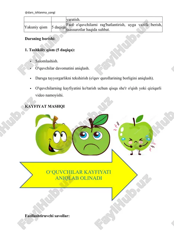 hilarga uyga vazifa: · o'z oilangiz yoki do'stlaringiz haqida kichik hikoya yozib kelish. · bag'rikenglikka oid biror rasm chizish. klaster chizmasi: dars yakuni: · o'quvchilarning darsdan olgan taassurotlari haqida qisqacha suhbat. · salomlashib xayrlashish. shu bilan bugungi darsimizni yakunlaymiz. bugungi dars g’oliblarini taqdirlaymiz. · eng zukko o’quvchi. · eng bilimdon o’quvchi. · eng chaqqon o’quvchi. · eng faol o’quvchi. o’quvchilar bilimini baholash va rag’batlantirish. o‘quvchilar kayfiyati aniqlab olinadi o’qituvchi yordamida o’rganing. odamlar o’rtasidagi hurmat o’zbekistonning tarixi bag’rikeng yurtim tabiat va manzara tinchlik va bag’rikenglik madaniyat va urf-odatlar 3 4 5 harakat qil barakalla ofarin