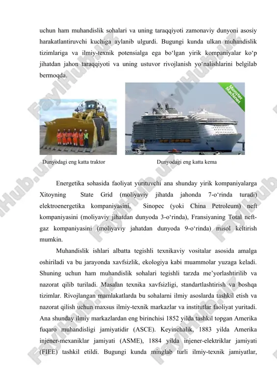 . bugungi kunda minglab turli ilmiy-texnik jamiyatlar, institutlar, xalqaro tashkilotlar va markazlar muhandislikning turli soha va yo‘nalishlarini boshqarishda, me’yoriy huquqiy hujjatlar ishlab chiqishda faoliyat yuritmoqda. biz ularning mehnati natijasini mehnat muhofazasi, texnika xavfsizligi, ekologik masalalar, standartlashtirish va boshqa bir qator xizmatlar va me’yoriy huquqiy hujjatlarda ko‘ramiz. bu tizimlarning vazifasi sohani rivojlantirish bilan bir qatorda mehnat muhofazasini amalga oshirish va insonlar xavfsizligini ta’minlovchi mehnat sharoitlarini yaratishdir. 1.1-rasm. energiyadan foydalanishning eng qadimgi turi olov bo‘lsa, bugungi kunda energiyaning turli ko‘rinishlari o‘ta murakkab texnologik qurilmalarni boshqarishda ishlatilmoqda. muhandislikning ko‘p sohalari aslida juda qadimiy kasblar bo‘lib u asosan ustoz-shogird tizimi asosida avlodlardan avlodlarga o‘tib kelgan. ta’lim tizimida rasmiy ravishda muhandislik kasblariga o‘qitish 18-asrda shakllangan, ya’ni 1794 yilda parijda birinchi politexnika oliy maktabi tashkil etilgan, keyinroq, 1804 yilda napoleon tomonidan xarbiy-injenerlik maktabi ochilgan. xuddi shu davrlarda amerikaning nyuu-york shtatidagi xarbiy akademiyada ham muhandislik ta’limi yo‘lga qo‘yilgan. 1893 yilda amerika muhandislik ta’limi jamiyati (american society for …
