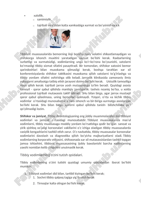 kerak; qotillik yuz berganda, travmalarda, o’q otar va boshqa qurollar bilan jaroxatlangan bemorlar bo’lganida tergov xodimlariga xabar berishi kerak. shifokor bemor ishxonasiga, agar u bu soxada kasalligi tufayli ishlamasligi kerak bo’lsa xabar berishi kerak (oziq- ovqatlar bilan bog’liq soxalarda tuberkulyoz (sil) va venerik kasallikli bemorlar, xaydovchilarda epilepsiya aniklansa) tibbiy muassasada xodimlar o’rtasidagi munosabatlar. tibbiyot muassasalari xodimlari o’rtasidagi munosabatlar umuminsoniy axloqning quyidagi tamoyillariga muvofiq bo’lishi kerak: · xalollik, · samimiylik, · tajribali va o’zidan katta xamkasbiga xurmat va bo’ysinish va x.k · tibbiyot muassasalarida bemorning iloji boricha ruxiy xolatini shikastlamaydigan va shifokorga ishonch muxitini yaratadigan vaziyat bo’lishi kerak. raxbarlarning surbetligi va xurmatsizligi, xodimlarning unga ko’r-ko’rona bo’ysunishi, xatolarni ko’rmasligi tibbiy xizmat sifatini pasaytiradi. bir tomondan, shifokor xatosini bemor qarindoshlari bilan muxokama qilmasligi kerak, boshqa tarafdan xar xil konferentsiyalarda shifokor taktikasini muxokama qilish xatolarni to’g’irlashga va tibbiy yordam sifatini oshirishga olib keladi. jarroxlik klinikasida zamonaviy ilmiy yutuqlarni amaliyotga tatbiq etish jarayoni doimo bo’lishi …
