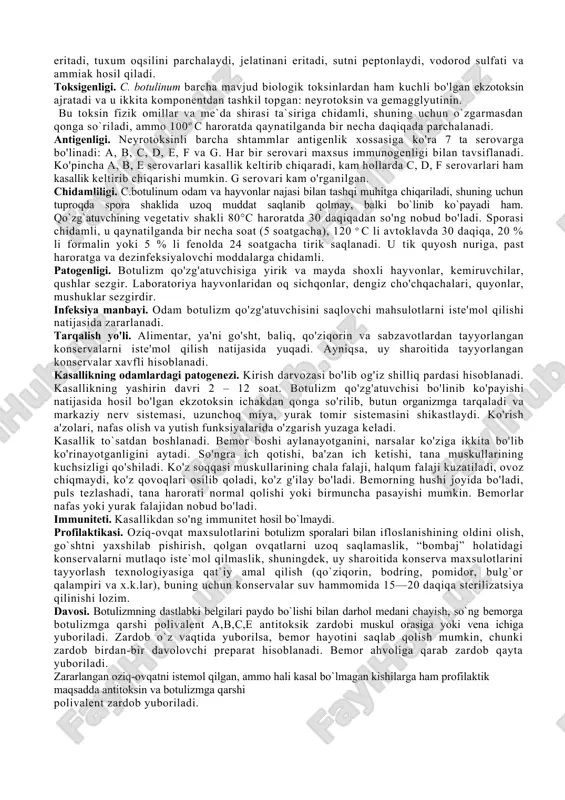 oladi. toksikoinfeksiya : patogenezi tif va paratif kasalliklariga o`xshash. toksikoz va oshqozon-ichak sistemasi kasalliklarining klinik belgilari yuzaga keladi. kasallik 4-5 kun davom etadi. ayrim xollarda bemor bakteriya tashuvchi bo`lib qoladi. kasalxona ichi sal`monellyoz infeksiyasi: kasallik organizmning himoya kuchlari pasayganda yuzaga keladi. qo`zg`atuvchi organizmga og`iz shilliq qavati va nafas yo`li orqali tushib, patologik jarayonni keltirib chiqaradi. bunda oshqozon-ichak funksiyasining buzilishi, organizmning suvsizlanishi, nafas a`zolari funksiyasining buzilishi, bakteremiya, septik asoratlar yuzaga keladi. kasallik vaqtida virusli, stafilakokkli infersiyalar yoki esherixioz qo`shilsa, kasallik yanada og`irlashib, o`limga sabab bo`lishi mumkin. bu kasallik bilan asosan bolalar kasallanadi. immuniteti : qorin tifi, paratif a va b kasalliklari: kuchli immunitet hosil bo`ladi. toksikoinfeksiya : kuchsiz immunitet hosil bo`ladi. kasalxona ichi sal`monellyoz infeksiyasi:kasallikni keltirib chiqargan salmonellalarning serovariga nisbatan immunitet hosil bo`ladi. umumiy profilaktikasi: qorin tifi, paratif a va b kasalliklari: shaxsiy va umumiy gigiyena qoidalariga rioya qilish, aholi orasida sanitariya maorif ishlarini olib borish lozim. toksikoinfeksiya : molar va …