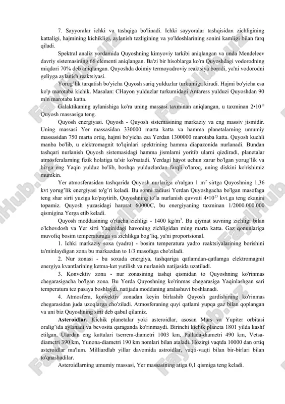 ing markaziy va eng massiv jismidir. uning massasi yer massasidan 330000 marta katta va hamma planetalarning umumiy massasidan 750 marta ortiq, hajmi bo'yicha esa yerdan 1300000 marotaba katta. quyosh kuchli manba bo'lib, u elektromagnit to'lqinlari spektrining hamma diapazonida nurlanadi. bundan tashqari nurlanish quyosh sistemasidagi hamma jismlarni yoritib ularni qizdiradi, planetalar atmosferalarning fizik holatiga ta'sir ko'rsatadi. yerdagi hayot uchun zarur bo'lgan yorug’lik va bizga eng yaqin yulduz bo'lib, boshqa yulduzlardan farqli o'laroq, uning diskini ko'rishimiz mumkin. yer atmosferasidan tashqarida quyosh nurlariga o'ralgan 1 m2 sirtga quyoshning 1,36 kvt yorug’lik energiyasi to'g’ri keladi. bu sonni radiusi yerdan quyoshgacha bo'lgan masofaga teng shar sirti yuziga ko'paytirib, quyoshning to'la nurlanish quvvati 4•1023 kvt.ga teng ekanini topamiz. quyosh yuzasidagi harorat 60000s, bu energiyaning taxminan 1/2000.000.000 qismigina yerga etib keladi. quyosh moddasining o'rtacha zichligi - 1400 kg/m3. bu qiymat suvning zichligi bilan o'lchovdosh va yer sirti yaqinidagi havoning zichligidan ming marta katta. gaz qonunlariga muvofiq bosim …