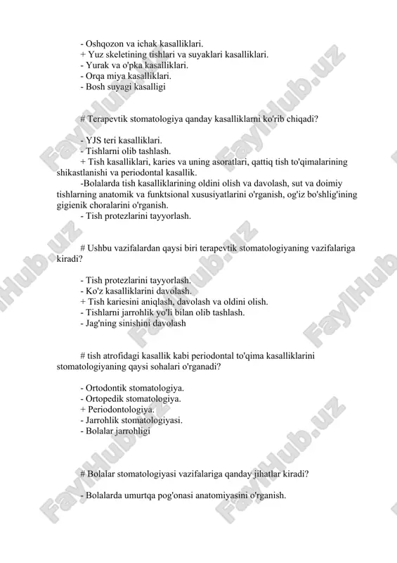 asalliklarining oldini olish va davolash, sut va doimiy tishlarning anatomik va funktsional xususiyatlarini o'rganish, og'iz bo'shlig'ining gigienik choralarini o'rganish. - tishlarni implantatsiya qilish. # odontogen yallig'lanish kasalliklarini davolashda jarrohlik stomatologiyasi va yuz-jag’ jarrohligi qanday kasalliklarni o'rganadi? - barcha tishlarning bir vaqtning o'zida shikastlanishi natijasida kelib chiqqan yallig'lanish. + infektsiya tish atrofidagi to'qimalardan periosteum, suyak, maksiller sinusga tarqalishi bilan rivojlanadigan yallig'lanishlar; ba'zi hollarda ular jiddiy asoratlarga olib kelishi mumkin. - bosh va bo'yinning old qismining bir vaqtning o'zida shikastlanishi natijasida kelib chiqqan yallig'lanish. - tish kasalliklari, karies va uning asoratlari, qattiq tish to'qimalarining shikastlanishi va periodontal kasallik. . -bolalarda tish kasalliklarining oldini olish va davolash, sut va doimiy tishlarning anatomik va funktsional xususiyatlarini o'rganish, og'iz bo'shlig'ining gigienik choralarini o'rganish. # odontogen bo'lmagan yallig'lanish kasalliklarini davolashda jarrohlik stomatologiya va yuz-jag’ jarrohligi qanday jihatlarni qamrab oladi? - tishlarni implantatsiya qilish - ildiz kanallarini to'ldirish. + furunkul, karbunkul, qizilo'ngach yallig'lanishi, o'ziga xos limfadenitlar, tuprik …