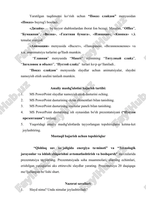 lgilash deganda nimani tushunasiz? u nima uchun kerak? 12. maxsus effekt o‘rnatishda qaysi muloqot oynasidan foydalaniladi? 13. bir slayddan ikkinchi slaydga oʻtishning necha xil usuli bor? ularni tushuntirib bering. microsoft powerpoint grafiklar videorolik animatsiya effektlari ovoz chizma rasm matn slayd-ma’lum bir o‘lchamga ega bo‘lgan muloqat varaqlari hisoblanadi. unda biror maqsad bilan yaratilayotga namoyish elementlari joylashadi prezentasiya(taqdimot) — yaratilayotgan slaydlar turkumi va uni namoyish etish uchun beriladigan fayl nomi.