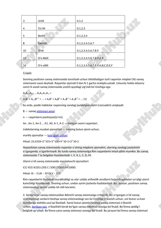 ta birliklari: kilobayt, megabayt, gigabayt, terobayt bo’lib, ular o’zaro quyidagicha bog’langan. 1024 bayt=1 kbayt 1024 kbayt=1 mbayt 1024 mbayt=1 gbayt 1024 gbayt=1 tbayt axborot sifati axborot quyidagi sifatlarga ega bo’lishi kerak: axborotning reprezentativligi – obyekt xususiyatini adekvat ifoda etish maqsadida axborotni to’g’ri tanlash va shakllantirish bilan bog’liqdir. axborotning mazmundorligi – semantik hajmini ifoda etadi. axborotning yetarliligi (to’laligi) – qaror qabul qilish uchun minimal, lekin yetarli tarkibga ega ekanligini bildiradi. axborotning dolzarbligi – axborotdan foydalanish vaqtida uning boshqarish uchun qimmatliligi saqlanib qolishi bilan belgilanadi va uning xususiyatlari o’zgarish dinamikasiga hamda ushbu axborot paydo bo’lgan vaqtdan buyon o’tgan davr oralig’iga bog’liq bo’ladi. axborotning vaqtidaligi – axborotning avvaldan belgilab qo’yilgan vazifani hal etish vaqti bilan kelishilgan vaqtdan kechikmasdan olinganligini bildiradi. axborotning aniqligi – olinayotgan axborotning, obyekt, jarayon, hodisa va hokazolarning aniq holatiga yaqinligi darajasi bilan belgilanadi. axborotning ochiqligi – foydalanuvchi axborotni idroklash uchun uni olish va o’zgartirish jarayonlarini bajarish yo’llari bilan amalga oshiradi …