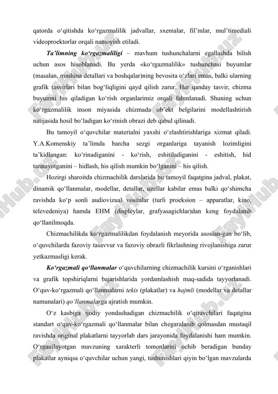 itish, hid taratayotganini – hidlash, his qilish mumkin bo‘lganini – his qilish. hozirgi sharoitda chizmachilik darslarida bu tamoyil faqatgina jadval, plakat, dinamik qo‘llanmalar, modellar, detallar, uzellar kabilar emas balki qo‘shimcha ravishda ko‘p sonli audiovizual vositalar (turli proeksion – apparatlar, kino, televedeniya) hamda ehm (displeylar, grafyasagichlar)dan keng foydalanib qo‘llanilmoqda. chizmachilikda ko‘rgazmalilikdan foydalanish meyorida asoslan-gan bo‘lib, o‘quvchilarda fazoviy tasavvur va fazoviy obrazli fikrlashning rivojlanishiga zarur yetkazmasligi kerak. ko‘rgazmali qo‘llanmalar o‘quvchilarning chizmachilik kursini o‘rganishlari va grafik topshiriqlarni bajarishlarida yordamlashish maq-sadida tayyorlanadi. o‘quv-ko‘rgazmali qo‘llanmalarni tekis (plakatlar) va hajmli (modellar va detallar namunalari) qo‘llanmalarga ajratish mumkin. o‘z kasbiga ijodiy yondashadigan chizmachilik o‘qituvchilari faqatgina standart o‘quv-ko‘rgazmali qo‘llanmalar bilan chegaralanib qolmasdan mustaqil ravishda original plakatlarni tayyorlab dars jarayonida foydalanishi ham mumkin. o‘rganilayotgan mavzuning xarakterli tomonlarini ochib beradigan bunday plakatlar ayniqsa o‘quvchilar uchun yangi, tushunishlari qiyin bo‘lgan mavzularda juda katta yordam beradi. foydalanish usullari va tuzilish printsiplariga ko‘ra ularni statik va dinamik plakatlarga bo‘lish mumkin. ko‘zlangan mavzuni bitta …