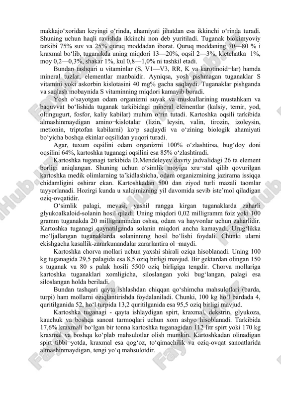 qiladi. rn-metrni ko‘rsatkich oralig‘i 0 dan 14 gacha bo‘lib, bunda rn -metr ko‘rsatkichi 7 ni ko‘rsatsa bu neytral kattalik deb yuritiladi. neytral kattalik faqatgina ichimlik suvining ko‘satkichi hisoblanadi. rn-metrni ko‘rsatkichi 7 dan yuqorida bo‘lsa, bu ishqoriy, 7 dan past ko‘rsatkich bo‘lganda kislotalik xususiyatga ega bo‘lgan mahsulot hisoblanadi. meva-sabzavotlarning rn miqdori ularni kimyoviy tarkibidan kelib chiqib nordon kattalikda bo‘ladi. mahsulot tarkibidagi rnning pastligi birinchidan mahsulotni nordonligini ko‘rsatsa, ikkinchidan agar mevalardagi rn miqdori belgilanganidan past bo‘lsa, uni pishib yetilmaganligidan dalolat beradi. kartoshka – oziq ovqat, yem-xashak va texnik ahamiyatga ega universal ekindir. u dunyo dehqonchiligida maydoni bo‘yicha bug‘doy, sholi, makkajo‘xoridan keyingi o‘rinda, ahamiyati jihatdan esa ikkinchi o‘rinda turadi. shuning uchun haqli ravishda ikkinchi non deb yuritiladi. tuganak biokimyoviy tarkibi 75% suv va 25% quruq moddadan iborat. quruq moddaning 70—80 % i kraxmal bo‘lib, tuganakda uning miqdori 13—20%, oqsil 2—3%, kletchatka 1%, moy 0,2—0,3%, shakar 1%, kul 0,8—1,0% ni tashkil etadi. bundan tashqari …