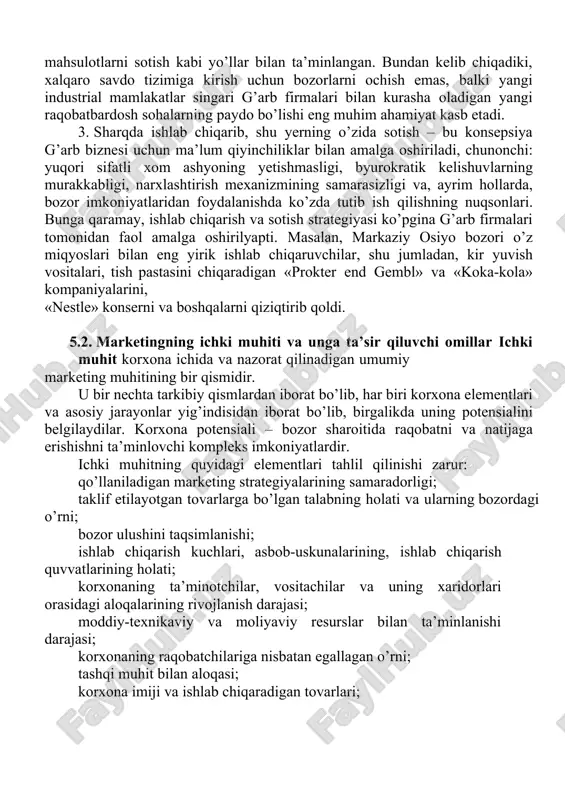 harqda sotish – bu konsepsiya sharqiy yevropa va mdh mamlakatlarida haligacha mavjud bo’lgan tovar defisitiga asoslanadi va foydani olib chiqish va valyuta konvertasiyasi bilan bog’liq bo’lgan ko’pgina muammolarga qaramay keng tarqalgan. bu yerda g’arb ishlab chiqaruvchilari va vositachilari tomonidan nafaqat tovarlarning va ishlab chiqarishning yuqori sifati, balki marketing afzalliklari ham maydonga chiqadi. 2. sharqda ishlab chiqarish, g’arbda sotish – bu konsepsiya ko’pgina g’arb kompaniyalari uchun eng yaxshi imkoniyatlarni taqdim etadi. bu kompaniyalar sharqiy yevropa va mdhdan g’arbda sotish uchun ishlab chiqarish ba’zasi sifatida foydalanish, malakali sharqiy yevropa ish kuchini ekspluatasiya qilish va mavjud marketing kanallari yordamida mahsulotlarni sotish kabi yo’llar bilan ta’minlangan. bundan kelib chiqadiki, xalqaro savdo tizimiga kirish uchun bozorlarni ochish emas, balki yangi industrial mamlakatlar singari g’arb firmalari bilan kurasha oladigan yangi raqobatbardosh sohalarning paydo bo’lishi eng muhim ahamiyat kasb etadi. 3. sharqda ishlab chiqarib, shu yerning o’zida sotish – bu konsepsiya g’arb biznesi uchun ma’lum qiyinchiliklar bilan …
