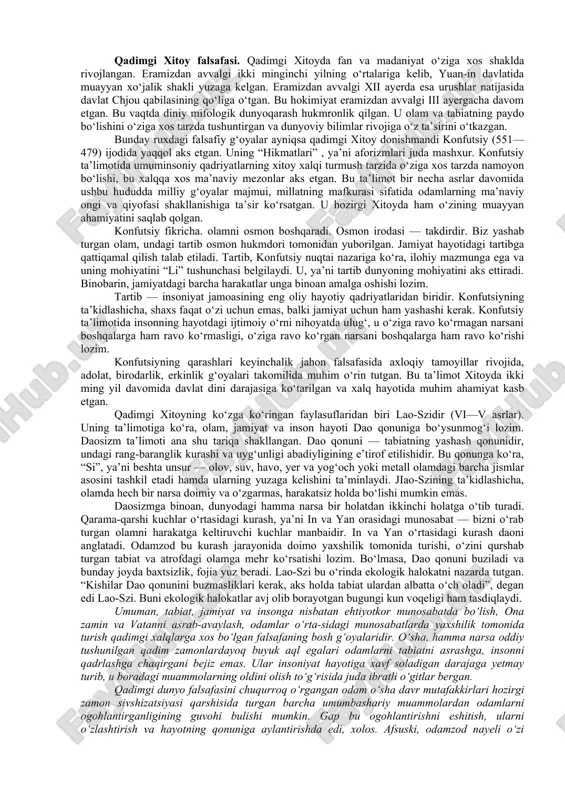 , ulardan tegishli xulosalar chiqarilgan. bu — o‘sha davr uchun tabiiy hol edi, ya’ni u — davrning inson ongida aks etishi, kundalik turmush hodisalarining oddiy bir tarzda ifodalanishi edi. aynan ana shu hol tabiiy bilimlar rivojiga, garchand sodda tarzda bo‘lsa-da, aksariyat hodisalarning falsafiy asosda izox,lanishiga sabab bo‘lgan. ikkinchi holatda esa, hali tabiat kuchlarining qarshisida nihoyatda ojiz bo‘lgan odamzod, albatta, tevarak atrofdagi voqea-hodisalarni mifologik izohlashi tabiiy bir hol edi. shu bilan birga,odamning mavjudlik xossalarini va olam qonuniyatlarini ilmiy tushunish ko‘nikmasi hali shakllanib ulgurmagan o‘sha qadim zamonlarda, afsona hamda rivoyatlarga asoslanib fikr yuritmaslikning imkoni ham yo‘q edi. bu — o‘sha davrlardan qolgan yozma manbalarda, xususan, “xo‘jayinning o‘z quli bilan hayotining mazmuni haqida suhbati”, “arfist qo‘shig‘i” , “o‘z hayotidan hafsalasi pir bo‘lgan kishining o‘z joni bilan suhbati” kabi bitiklarda yaqqol namoyon bo‘lgan. ularda hayotning, umrning mazmuni, o‘sha davrdagi odamlargaxos tuyg‘ular bayon qilingan. qadimgi misr va bobilda shakllangan falsafaning eng asosiy xususiyati shundan iborat …