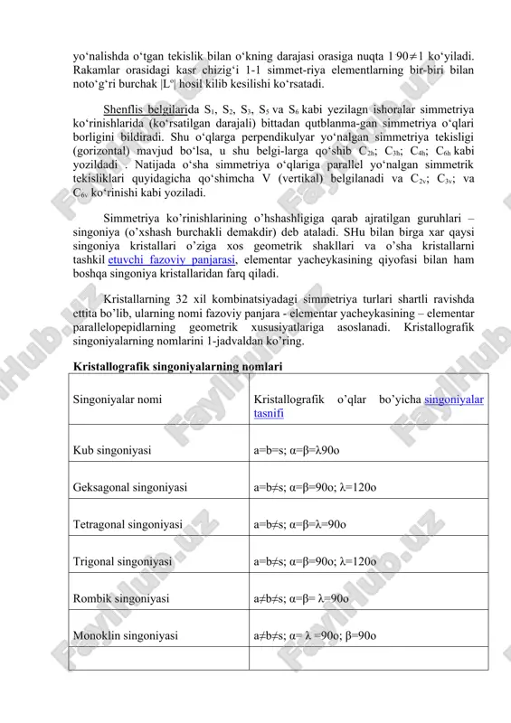 (m) soni yozilmaydi, chunki bularning soni yuqori darajali o‘q darajasi soniga teng i, 2 ishorasi inversiya marka-zi, 6, 4, 3 ishorasi esa inversion o‘qlar mavdjudligini ko‘rsatadi. german-mogen belgilaridagi simmetriya tekisligi simmetriya o‘qlariga parallel yo‘nalishda o‘tgan bo‘lsa, raqam yonida hech qanday isho-rasiz va shu o‘kka perpendikulyar o‘tsa, kasr chizig‘idan keyin 2/m kabi yoziladi. 2/m 2/m 2/m simmetriya ko‘rinishi qisqacha m v n shaklida ko‘rsatilishi mumkin. bu simmetriya ko‘rinishadi mavjud 3l2 va c xaelan tasavvur etiladi.shunga o‘xshash 4/m.3.2/n shaklida yozilishi lozim bo‘lgan geksaedrik simmetrik ko‘rinishi qisqacha m3 shaklida yozilishi mumkin. umuman bunday belgilashda simmetriya eksperimentlari o‘zining fazoda tutgan o‘rniga qarab, kristallografik o‘qlar bilan mos ko‘yiladiganlari birinchi navbatda yoziladi. a.n shubnikov belgilarida simmetriya o‘qlariga nisbatan perpendikulyar yo‘nalishda o‘tgan simmetriya tekisligi qo‘sh nuqtadan 1:1 keyin yoziladi. parallel yo‘nalishda o‘tgan tekislik bilan o‘kning darajasi orasiga nuqta 1.90(1 ko‘yiladi. rakamlar orasidagi kasr chizig‘i 1-1 simmet-riya elementlarning bir-biri bilan noto‘g‘ri burchak |lo| hosil kilib kesilishi ko‘rsatadi. shenflis …