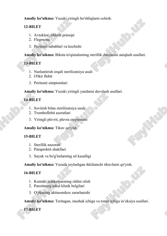 liy ko'nikma: boshga bog'lam qo'yish. 24-bilet 1. kimyoviy qon to'xtatish 2. operatsiyadan keyingi asoratlar 3. og'iz burchagi yopilmasligi bilan namoyon bo'ladigan yuz nuqsoni amaliy ko'nikma: bitta yoki barcha barmoqlarga bog'lam qo'yish. 25-bilet 1. fizik usullar orqali qon to'xtatish 2. bemorni operatsiyaga tayyorlash 3. tashqi ko'rinishni yaxshilashga qaratilgan operatsiyalar amaliy ko'nikma: kramer shinasi yordamida fiksatsiya qilish. 26-bilet 1. mexanik qon to'xtatish usullari 2. operatsiyaga ko'rsatma va qarshi ko'rsatmalar 3. to'qimalar va organlar deformatsiyasi, nuqsonlarini bartaraf etish va ularning funksiyasini tiklashga yordam beruvchi operatsiyalar amaliy ko'nikma: son suyagining sinig'ida ditrix shinasi qo'yish. 27-bilet 1. biologik usullar bilan qon to'xtatish 2. jarrohning qo'lini operatsiyaga tayyorlash 3. erkin bo'lmagan teri transplantatsiyasi usullari amaliy ko'nikma: dumaloq bog'lov texnikasi. 28-bilet 1. qon ketish oqibatlari va xavflari 2. grossix-filonchikov usuli bilan operatsion maydonni ishlov berish 3. yurak-o'pka majmuasini ko'chirib o'tkazishda anastomozlar amaliy ko'nikma: kuyish darajasini aniqlash usullari. 29-bilet 1. quyilgan qonning ta'siri 2. bog'lovlar tasnifi 3. travmatik …