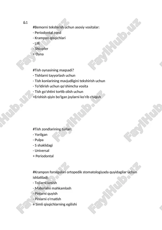 spatulalar. - tish tekshiruvi. - tish cımbızları. - sabotexnik anvil. + yog'och tutqichli spatulalar. # tojlarni olib tashlash uchun siz foydalanishingiz mumkin. - samson apparati - tish tekshiruvi - tish oynasi - sabotexnik anvil + kopp apparati #ortopedik stomatologiyada gips modelining qirralarini kesish uchun quyidagilar qo'llaniladi: + gips pichoqlari - tish pichoqlari - disklar - krampon qisqichlari - qaychi #bemorni klinik tekshirish uchun sizga kerak: + tish oynasi, cımbız, zond. - cımbız, zond. - tish oynasi. - spatula. - spatula, zond. # ortoped shifokorining 1 ish joyi uchun maydon bo'lishi kerak: -24 kv. m. - taxminan 12 kv. m. -13 kv. m. -10,5 kv. m. +kamida 14 kv. m. #ortopedik qabuldagi har bir qo'shimcha stul uchun quyidagilar bo'lishi kerak: -8 kv. m. -10 kv. m. -11 kv. m. -6 kv. m. +7 kv. m. #ortopedik xonaning balandligi kam emas: -4 m. -5 m. -4,5 m. -3,5 m. +3 m. #ortopedik …