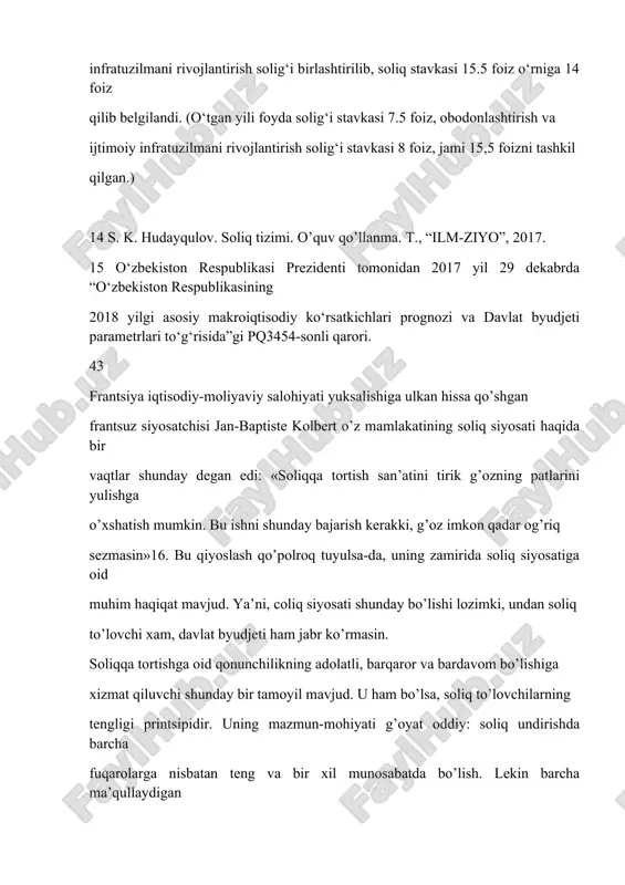 «soliqqa tortish san’atini tirik g’ozning patlarini yulishga o’xshatish mumkin. bu ishni shunday bajarish kerakki, g’oz imkon qadar og’riq sezmasin»16. bu qiyoslash qo’polroq tuyulsa-da, uning zamirida soliq siyosatiga oid muhim haqiqat mavjud. ya’ni, coliq siyosati shunday bo’lishi lozimki, undan soliq to’lovchi xam, davlat byudjeti ham jabr ko’rmasin. soliqqa tortishga oid qonunchilikning adolatli, barqaror va bardavom bo’lishiga xizmat qiluvchi shunday bir tamoyil mavjud. u ham bo’lsa, soliq to’lovchilarning tengligi printsipidir. uning mazmun-mohiyati g’oyat oddiy: soliq undirishda barcha fuqarolarga nisbatan teng va bir xil munosabatda bo’lish. lekin barcha ma’qullaydigan ana shu jo’ngina qoidani soliq amaliyotiga tatbiq qilish eng murakkab vazifalardan biri bo’lib qolayotir. o’zbekistonda soliqchilik sohasi ham tubdan isloh qilinish arafasida. shunday paytda tegishli tartib-taomillarga tanqidiy-tahliliy nigoh tashlash, ayrim muammolar kelib chiqishi sabablarini o’rganish, ularga echim izlash maqsadga muvofiq. nazarimizda, mazkur sohada hal qilinishi zarur ikki jiddiy muammo bor. • birinchisi — daromadi teng bo’lgan shaxslarning soliq qonunchiligiga ko’ra turlicha miqdorda soliq to’layotgani …