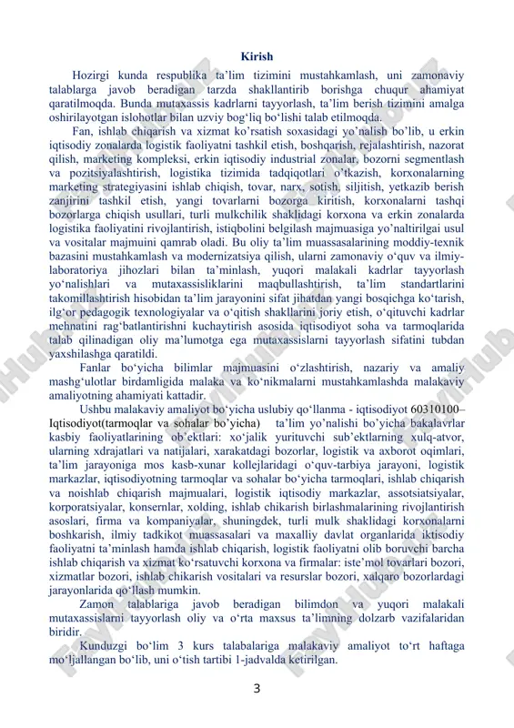 lardagi jarayonlarida qo‘llash mumkin. zamon talablariga javob beradigan bilimdon va yuqori malakali mutaxassislarni tayyorlash oliy va o‘rta maxsus ta’limning dolzarb vazifalaridan biridir. kunduzgi bo‘lim 3 kurs talabalariga malakaviy amaliyot to‘rt haftaga mo‘ljallangan bo‘lib, uni o‘tish tartibi 1-jadvalda ketirilgan. uslubiy qo’llanmada malakaviy amaliyot o‘tishga oid umumiy qoidalar, amaliyotning maqsadi va tashkil etish masalalari, amaliyot rahbari va amaliyotchining vazifalari va majburiyatlari, amaliyot o‘tish rejasi hamda natijalarni rasmiylashtirish yo‘llari ko‘rsatib o‘tilgan. shuningdek, uslubiy qo’llanmaning yakuniy qismida amaliyot jarayonida amalga oshiriladigan ishlarga oid tahliliy jadvallar bo‘yicha ilovalar keltirib o‘tilgan bo‘lib, bunday ko‘rsatkichlarni tegishli tashkilotlarda amaliyot o‘tayotgan 3 kurs talabalari tahlil qilishlari lozim bo‘ladi. i. umumiy qoidalar bo‘lajak mutaxassisda mustaqil fikrlash, tadbirkorlik va doimiy ijodkorlikka yo‘naltirilgan yangicha iqtisodiy tafakkurni shakllantirishga oliy o‘quv muassasasi va ishlab chiqarishning hamkorligi orqali erishish mumkin. bunga talabalarning ishlab chiqarish korxonalari, turli tashkilot va idoralarda amaliyot o‘tashi orqali erishiladi. malakaviy amaliyot o‘tish o‘quv jarayonining ajralmas qismi hisoblanadi. malakaviy amaliyotning muhimligi shundaki, …