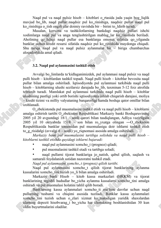 nalish, tovar – pul munosabatlarining aks etishiga ko‗ra, tovarli pul oboroti va tovarsiz pul oborotlari ko‗rinishida namoyon bo‗ladi. pul aylanmasi tarkibida naqd pulli yoki naqd pulsiz hisob – kitoblar hajmining past yoki yuqori ekanligi qator omillar bilan izohlanadi. xususan, ular quyidagilardan iborat: · mamlakatning ijtimoiy – iqtisodiy rivojlanish holati, aholining ma‘naviy, iqtisodiy va huquqiy ongi; · milliy iqtisodiyotni boshqarish tartibi va rivojlanganlik darajasi; · mamlakat bank tizimining rivojlanganlik darajasi va unga aholi ishonchining mustahkamligi; –real sektorning rivojlanganligi va iqtisodiyotning raqobatbardoshligi; · markaziy bankning pul – kredit siyosatini amalga oshirish bo‗yicha mustaqilligining ta‘minlanganlik darajasi. naqd pul va naqd pulsiz hisob – kitoblari o‗rtasida juda yaqin bog‗liqlik mavjud bo‗lib, naqd pullar naqdsiz pul ko‗rinishiga, naqdsiz pullar naqd pul ko‗rinishiga o‗tish orqali ular doimiy ravishda bir – birini to‗ldirib turadi. masalan, korxona va tashkilotlarning bankdagi naqdsiz pullari ishchi xodimlarga naqd pul va unga tenglashtirilgan mablag‗lar ko‗rinishida beriladi. aholining qo‗lidagi naqd pullar esa banklarga …