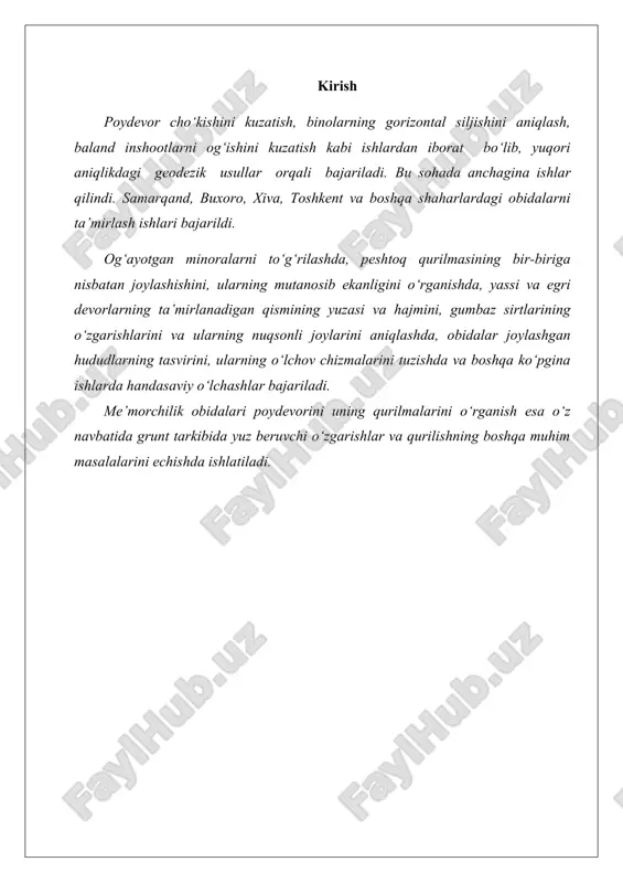 reperi va uning raqami: ustundagi yoki devordagi cho‘kish markasi: tt -4- tutun trubalari va ularning raqami: st1- stvor. 2.4. korrelatsion tahlil usuli bilan nivelirlash to‘ridagi reperlar va markalar nazorati. biz 1-rasmga asoslanib reperlarga bog‘lab binoga o‘rnatilgan markalardan nivelir yordamida har sikl 3-oy oralig‘i maboynida markalarning xolati aniqlanadi. kuzatishlar 3 ta sikl davom etib jadvalda balandliklar h aniqlanib ho‘r ni o‘rta qiymati hisoblab, topiladi. kuzatishlar № birinchi holat kuzatishlar h1 ∆1 h2 ∆2 h3 ∆3 1 2 3 4 5 6 7 8 9 10 11 12 13 14 15 16 17 18 19 20 o‘rtachasi nisbiy balandliklar h o‘rta qiymati. δ1= h o‘r- h i , δ2= h o‘r- h i , δ3= h o‘r- h i (1) shuningdek qiymatlari ( 2) ikkinchi markaziy momentlar aniqlanadi. (3) bu yerda n - kuzatish sikllar soni (n=20) va markaziy momentlarni birinchi siljishi: (4) o‘rtacha kvadratik og‘ishlar (standartlar) qiymatlari aniqlanadi; ikkinchi markaziy momentlari …