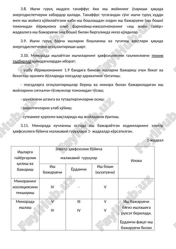 3.10. minorada ishlayotgan ishchilarning havfsizligini ta'minlovchi texnik tadbirlar quyidagilardan iborat: - ushbu yo'riqnomaning 1.9 bandiga binoan ishlarni bajarish uchun bekat va bekatlar oralig'i yo'llarida poezdlar harakatini to'xtatish; - poezdlarga ogohlantirishlar berish va minora bilan bajariladigan ish joylarini signalchi-to'siqchilar tomonidan to'sish; - shuntlovchi shtanga va tutashtirgichlarni osish; - ajratgichlarni ulab qo'yish; - sutkaning qorong'i vaqtlarida ish joylarini yoritish. 3.11. minorada kuchlanish ostida ish bajarayotgan xodimlarning elektr havfsizligi bo'yicha malakaviy guruhlari 1- jadvalda ko'rsatilgan. 1-jadval ishlarga tayyorgarlik qilish va bajarish elektr havfsizlik bo'yicha malakaviy guruhlar ilova ish bajaruvchi yordamchi ish boshi (kuzatuvchi) minoraning izolyatsiyasini tekshirish iv - v - minorada ishlash v iv iii iv v v ish bajaruvchi yolg'iz ishlashiga ruxsat beriladi. yordamchi faqat ish bajaruvchi bilan birga ishlashi mumkin 3.12. kuchlanish ostida ish boshlashdan oldin ish bajaruvchi (ish boshi) narvon va shuntlovchi shtangalarning holatini, ishga yaroqligini hamda sinovdan o'tgan muddatlarini tekshirishi lozim. shundan so'ng ushbu yo'riqnomaning 3.21-bandida ko'rsatilgan tartibda minoraning …
