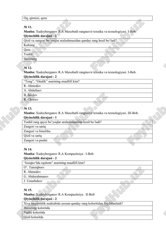 doyberganov r.a kompazitsiya . iii-bob qiyinchilik darajasi - 1 marina janriga oid asar qaysi qatorda? to‘qqizinchi val fonton bo‘yida pompeyning so‘nggi kuni choyxonachi № 20. manba: xudoyberganov r.a kompazitsiya . iii-bob qiyinchilik darajasi - 2 kubizm oqimida ijod qilgan rassomlar qaysi qatorda? p.pikasso, pol sezann e.mone, k.mone s.dali, ya.salpinkidi p.rubens, r.axmedov № 21. manba:normatov n. rangtasvir i-bob qiyinchilik darajasi - 1 triptix nima? bir mavzudagi uch bo‘lakdan iborat san’at asari uch haykaltarosh tomonidan bajarilgan san’at asari uch rassom tomonidan yaratilgan san’at asari uch bo‘lakdan iborat uch mavzudagi san’at asari № 22. manba: xudoyberganov r.a kompazitsiya . i-bob qiyinchilik darajasi - 1 taniqli rus manzarachi rassomlari qaysi qatorda? i.shishkin, i.savrasov serov, petrov-vodkin kuindji, perov i.ivanov, ya.salpinkidi № 23. manba: normatov n. rangtasvir i-bob qiyinchilik darajasi - 1 impressionizm oqimi qanday oqim? borliqni inkor etish borliqni asl holidek tasvirlash borliqni tasavvurdan ishlash borliqni buzib ko‘rsatish № 24. manba: normatov n. rangtasvir i-bob …
