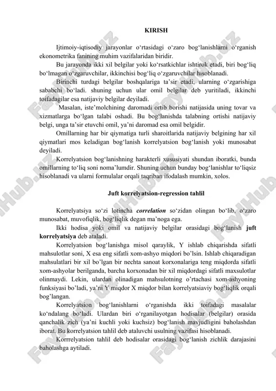 u holda x va y orasidagi bog‘lanishni ushbu jadval ko‘rinishida tasvirlash mumkin. … … agar kuzatishlar natijasida hosil bo‘lgan (xi; yi) juftlarining soni katta bo‘lsa, hamda ularning ayrimlari takrorlanadigan bo‘lsa, u holda yuqoridagi jadval o‘rniga quyidagi ikki o‘lchovli jadvalni keltirish mumkin. x y … … … . . . . . . . . . . . . . . . . . . . . . . . . … … n bu jadval korrelatsion jadval yoki korrelatsion panjara deb ataladi. aytaylik, x va y belgilar orasidagi bog‘lanish o‘rganilayotgan bo‘lsin, x ning har bir qiymatiga y ning bir necha qiymati mos kelsin. masalan, =8 da =2; =3; =7 qiymatlar olgan bo‘lsin. bularning arifmetik o‘rtachasini topsak: u holda, – shartli o‘rtacha qiymat deb ataladi. – shartli o‘rtacha qiymat deb y ning x=x qiymatga mos qiymatlarining arifmetik o‘rtachasiga aytiladi. y ning x ga korrelatsion bog‘liqligi deb shartli o‘rtachaning x ga funksional …