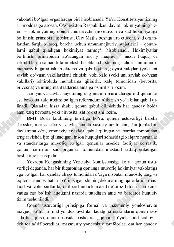 . qonunlarni qabul qiladigan oliy majlis esa ana shunday xalq irodasini ifoda etadigan, o‘zbekiston xalqi nomidan ish olib borishga vakolatli bo‘lgan organlardan biri hisoblanadi. ya’ni konstitutsiyamizning 11-moddasiga asosan, o‘zbekiston respublikasi davlat hokimiyatining tiz- imi – hokimiyatning qonun chiqaruvchi, ijro etuvchi va sud hokimiyatiga bo‘linishi prinsipiga asoslansa, oliy majlis boshqa ijro etuvchi, sud organ- laridan farqli o‘laroq, barcha uchun umummajburiy hujjatlarni – qonun- larni qabul qiladigan hokimiyat tarmog‘i hisoblanadi. hokimiyatlar bo‘linishi prinsipidan ko‘zlangan asosiy maqsad – inson huquq va erkinliklarini samarali ta’minlash hisoblanadi, shuning uchun ham umum- majburiy hujjatni ishlab chiqish va qabul qilish g‘oyasi xalqdan (yoki uni saylab qo‘ygan vakillaridan) chiqishi yoki xalq (yoki uni saylab qo‘ygan vakillari) ishtirokida muhokama qilinishi, xalq tomonidan (bevosita, bilvosita) va uning manfaatlarida amalga oshirilishi lozim. jamiyat va davlat hayotining eng muhim masalalariga oid qonunlar esa bevosita xalq irodasi bo‘lgan referendum o‘tkazish yo‘li bilan qabul qi- linadi. qissadan hissa shuki, qonun qabul qilinishida har qanday …