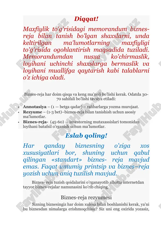 zma murojaat. · rezyume – (1-3 bet)–biznes-reja bilan tanishish uchun asosiy ma'lumotlar. · biznes-reja- (45-60) — investorning mutaxassislari tomonidan loyihani batafsil o'rganish uchun ma’lumotlar. eslab qoling! har qanday biznesning o'ziga xos xususiyatlari bor, shuning uchun qabul qilingan «standart» biznes- reja mavjud emas. faqat umumiy printsip va biznes–reja yozish uchun aniq tuzilish mavjud. biznes- reja tuzish qoidalarini o’rganayotib albatta internetdan tayyor biznes-rejalar namunasini ko’rib chiqing. biznes-reja rezyumesi sizning biznesingiz har doim xulosa bilan boshlanishi kerak, ya'ni bu biznesdan nimalarga erishmoqchisiz? siz uni eng oxirida yozasiz, lekin u sizning biznes rejangizning boshida turishi kerak. rezyume- bu allaqachon yozilgan biznes-rejaning natijasidir. bu ko'pchilik potentsial investorlarning o'qiydigan yagona bo’limidir va u quyidagilardan iborat bo’ladi: · biznes-rejaning maqsadi. · moliyaga bo'lgan ehtiyoj, ular qanday maqsadlar uchun kerak. · biznes va uning mijozining qisqacha tavsifi. · raqobatchilardan asosiy farqlar. · asosiy moliyaviy ko'rsatkichlar. biznes-reja tuzish uchun 9 qadam 1. maqsad va vazifalar. bu bo’limda siz g’oyangizni …