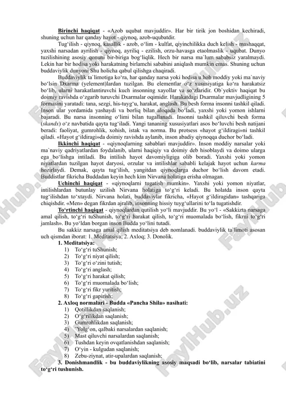 esa 483 yilda deb hisoblaydilar. ba`zan 560 - 480 deb to‘liq sonlar bilan ko‘rsatadilar. yuqorida zikr qilingan biografiyalarda buddaning haqiqiy hayoti bilan uning afsonaviy hayoti o‘zaro qorishib ketgan. siddxartxa shakya qabilasining podshohlaridan biri shuddxodananing o‘g‘li edi. uning saroyi ximolay tog‘lari etagida kapilavasti degan qishloqda bo‘lgan. (hozirda nepal hududida). onasi - malika mayya. podshoh o‘g‘lini orzu havaslar og‘ushida tarbiyalar, uni hech bir kamchiliksiz katta qiladi. ulg‘ayib qo‘shni podshohlardan birining qizi yashadxaraga uylanadi va o‘g‘il ko‘rib, unga raxula deb ism qo‘yadi. hech bir qiyinchilik va kamchilik ko‘rmay o‘sgan bola siddxartxa ittifiqo qarigan cholni, bemorni, og‘ir mehnatli bir rohibni uchratadi. bundan qattiq ta`sirlagan shahzoda insoniyatni qiyinchilik va azobdan qutqarish yo‘llarini axtarib saroyni tashlab ketadi. bu vaqtda u 30 yoshda edi. u beshta rohibga ko‘shilib, ular bilan qishloqma-qishloq kezib yuradi. ko‘p vaqt bu rohiblarga hamrohlik qilib, ularning yo‘llarida ma`lum maqsad yo‘qligini va bu yo‘l o‘z oldiga qo‘ygan maqsadi - insoniyatni azob uqubatdan qutqarishga olib …