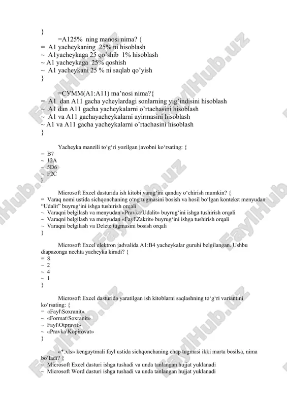 mantik ~ ~ matematik modellar; ~ statik modellar; ~ to’g’ri javob yo’q } microsoft office excel dasturiy muhitida yacheykadagi belgilar o’rnida “reshetka” (# # # # #) paydo bo’lsa bu nima egan? { = tanlangan formatdagi sonlar ustun kengliga sig’magan hisoblanadi; ~ surat va mxrajli son bo’lganda; ~ o’nli kasr bo’lganda; ~ to’g’ri javov yo’q } relyatsion ma’lumotlar bazasida qaysi so’rov tillari qo’llaniladi? { = sql; ~ null; ~ nemis tili; ~ to’g’ri javob yo’q; } relyatsion ma’lumotlar bazasida ma’lumotlarni saqlashning asosiy formasi { = jadval; ~ beshburchak; ~ piramida; ~ mbbt; } relyatsion bazaga juda o’xshash bo’lgan anologini ko’rsating? { = ikki o’lchamli jadval; ~ to’rtta ustun va to’rtta qatordan iborat jadval; ~ to’g’ri chiziq; ~ to’g’ri javob yo’q; } relyatsion ma’lumotlar bazasining aosiy tushunchalarini aniqlang? { = jadval, maydon, yozuv ~ stiker; ~ so’rov; ~ to’g’ri javob yo’q } quyidagilardan qaysi birini mbbtga misoli sifatida keltirish mumkin: { …