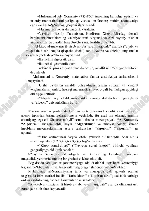 ltiriladi. · o‘sha davrda buxoroda katta kitob bozori bo‘lgan. kitob do‘konlarida olim va fozil kishilar uchrashib, ilmiy muloqot, munozaralar o‘tkazganlar. · buxoro amiri saroyida esa yirik kutubxona mavjud bo‘lgan. · amir kutubxonasini o‘sha davrdagi sheroz kutubxonasi bilan bellasha oladigan yagona kutubxona sifatida tan olganlar. somoniylar davrida rudakiy, firdavsiy, al-xorazmiy, al-farg‘oniy, abu rayhon beruniy va abu ali ibn sino kabi mutafakkirlar ijod etganlar. x asrning ikkinchi yarmidan tashkil topgan qoraxoniylar davlatida ham ba’zi xonlar o‘z saroylarida kutubxonalar tashkil etdilar · bu davrda turkiy til shakllanib bordi · yusuf xos hojib, mahmud qoshg‘ariy kabi olimlar jahon ahamiyatiga ega bo‘lgan asarlarini yaratdilar. · muhammad al- xorazmiy (783-850) insonning kamolga yetishi va insoniy munosabatlarni yo‘lga qo‘yishda ilm-fanning muhim ahamiyatiga ega ekanligi to‘g‘risidagi g‘oyani ilgari suradi. · matematika sohasida yangilik yaratgan. · vavilion (bobil), yunoniston, hindiston, xitoy, misrdagi deyarli barcha matematiklarning kashfiyotlarini o‘rgandi va o‘zi hayotiy talablar nuqtai nazarida ulardan farq etuvchi yangi kashfiyot yaratdi. …