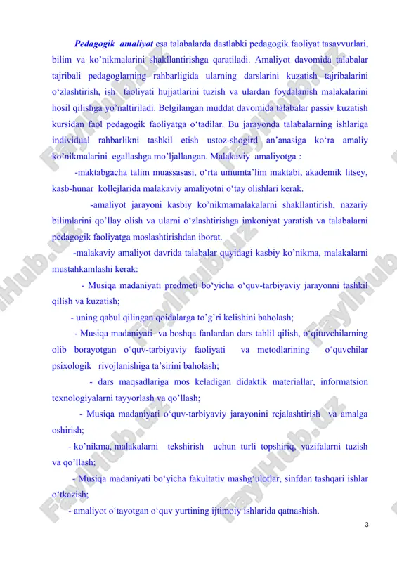 mashg‘ulotlar, sinfdan tashqari ishlar o‘tkazish; - amaliyot o‘tayotgan o‘quv yurtining ijtimoiy ishlarida qatnashish. bundan tashqari malakaviy amaliyot uslubiy-metodik va tashkiliy-uslubiy hamda tarbiyaviy faoliyat turlarini ham qamrab oladi. amaliyot yakunida talabalar muassasa bilan hamkorlikda hisobot taqdimotlarini o‘tkazadilar. amaliyot jarayoni hisobotlarini topshiradilar. pedagogik-amaliyotchi talabalar uchun eslatma 1. ta’lim-tarbiya amaliyotini o‘tayotgan amaliyotchi-talaba malakaviy amaliyot davrida maktab direktori, malakaviy amaliyot rahbari, fan uslubiyotchisi va maktab o‘qituvchilarining buyruqlariga hamda maktabning ichki tartib-qoidalariga qat’iy rioya qiladi. 2. shaxsiy rejada ko‘rsatilgan ish turlarini bajarish, har bir dars va sinfdan tashqari mashg‘ulotlarga puxta tayyorlanish, shuningdek, ota-onalar o‘rtasida ma’naviy-ma’rifiy, g’oyaviy-mafkuraviy, ilmiy-pedagogik bilimlarni ommaviy targ’ib qilishda faol ishtirok etish har bir amaliyotchi - talaba uchun majburiydir. 3. pedagogik amaliyot davrida amaliyotchi-talaba o‘z shaxsiy rejasida belgilanganidek; a) amaliyotning birinchi haftasida maktab, sinf shuningdek, o‘quvchilar jamoasida uyushtirilayotgan ma’naviy-ma’rifiy ishlar bilan tanishadilar; b) maktab o‘qituvchilarining darslarini kuzatadilar; d) o‘zi kabi amaliyotchi-talaba (o‘rtoqlari) ning darslarini sinfdan tashqari mashg‘ulotlarini kuzatadi va ularning muhokamasida qatnashadi; e) …