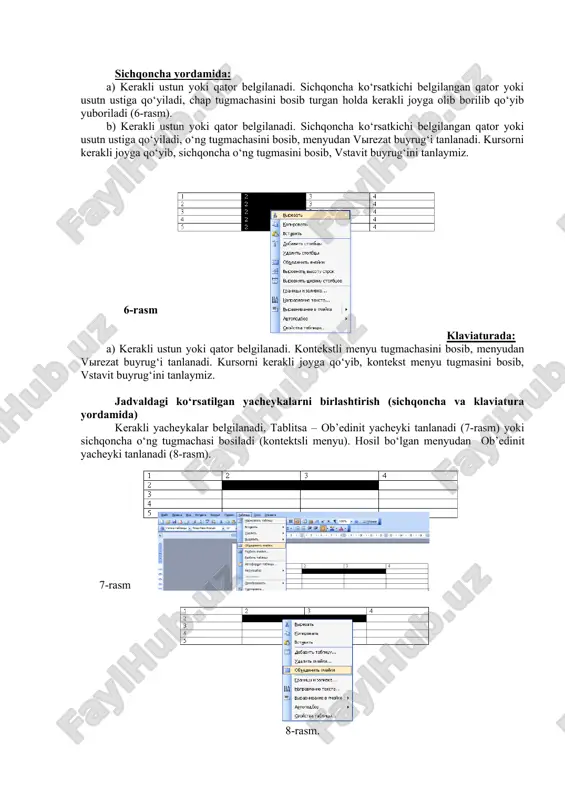 chqoncha va klaviatura yordamida) yacheyka belgilanadi, menyudan tablitsa-razbit yacheyki tanlanadi (9-rasm). natijada razbienie yacheek oynasi chiqadi. kerakli ustun va qator soni tanlanadi va ok bosiladi. 9-rasm yacheykalarning o‘lchamlarini o‘rnatish (balandligi va kengligini). jadval belgilanadi, menyudan tablitsa – svoystva tablitsa tanlanadi. hosil bo‘lgan oynadan tablitsa – shirina (kengligi) o‘lchami qo‘yiladi, stroka-visota (balandligi) o‘lchami qo‘yiladi (10-rasm). 10-rasm berilgan ro‘yxatni kiritib, jadval ko‘rinishiga keltirish (sichqoncha va klaviatura yordamida) berilgan ro‘xat kiritiladi, kiritilgan ro‘yxat belgilanadi. menyudan tablitsa-preobrazovat-tekst v tablitsu tanlanadi. hosil bo‘lgan oynadan ustun soni kiritiladi va ok bosiladi (11-rasm). 11- rasm berilgan jadvalni yaratib, ro‘yxat ko‘rinishiga keltirish (sichqoncha va klaviatura yordamida). jadval belgilanadi, menyudan tablitsa – preobrazovat-tablitsu v tekst tanlanadi. hosil bo‘lgan oynadan znak abzatsa tanlanadi va ok bosiladi (12-rasm). 12-rasm tayyorlagan hujjatlarni fayl ko‘rinishida ishchi stolga, papkaga va h.k. saqlash (sichqoncha va klaviatura yordamida). sichqoncha yordamida: a) menyu satridagi fayl – soxranit kak … punkti tanlanadi (13-rasm). 13-rasm hosil bo‘lgan soxranenie dokumenta …