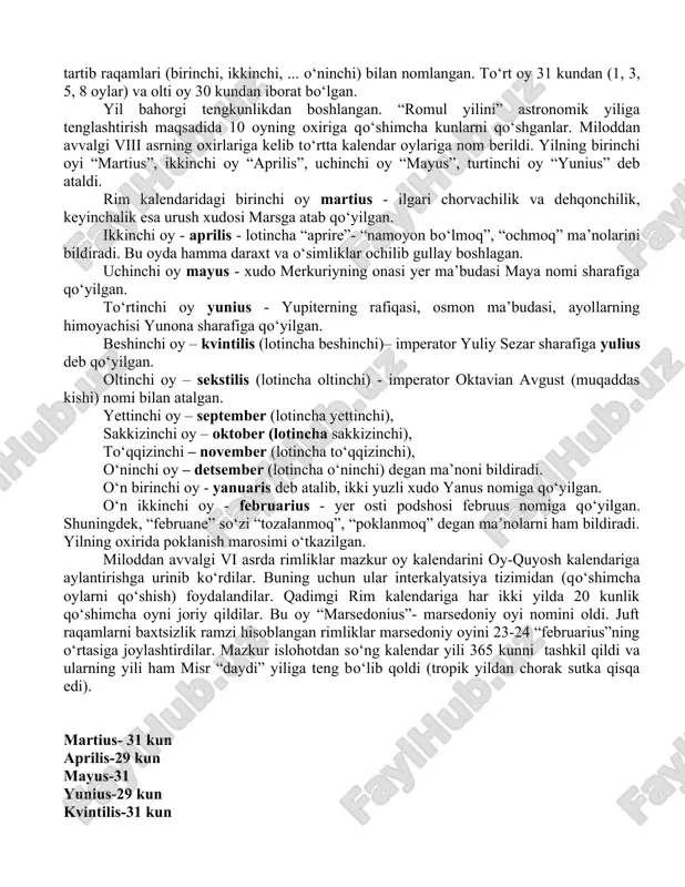 an. oylarning qachon boshlanishi belgilanmagan. bu kalendar boshqa yunon polislaridagi kalendarlarga nisbatan ancha mashhur bo‘lgan. undagi oylar 29 yoki 30 kundan iborat bo‘lib, yil 354 sutkani tashkil qilgan. afinada yilning boshlanishi gekatabeon oyi iyul-avgustga to‘g‘ri kelgan. afinada yilni to‘g‘irlash uchun ikkinchi poseydon oyi 29-30 sutkali oy kiritilgan edi. milodgacha 432 yilda afinalik astronom metan 235 oy yili oylarini 19 quyosh yiliga teng deb, 19 yillik davr 7 embolistik yil degan g‘oyani olib chiqdi. bu metan sikli nomini oldi. u aniqligi bilan ajralib turardi. afinada voqealarni hisoblash mansabdor-arxontlar nomi bilan olib borilardi. milodgacha iv asrdan boshlab umumellin yil hisobi boshlandi. olimpiya o‘yinlari har to‘rt yilda bir marta o‘tkazilgan. yillar har to‘rt yilgi olimpiada o‘yinlari bo‘yicha hisoblangan. rasmiy kalendarlar quyosh kalendarini rad qilgan, bu esa dehqonlarga noqulayliklar tug‘dirgan. shuning uchun deqqonlar qishloq xo‘jalik kalendarlaridan foydalanganlar. bu ma’lumotlar bizga milodimizgacha viiiasr yozuvchisi gesiod asarlarida uchraydi. 2. qadimgi rimda kalendarlar. yulian kalendari qadimgi rim …