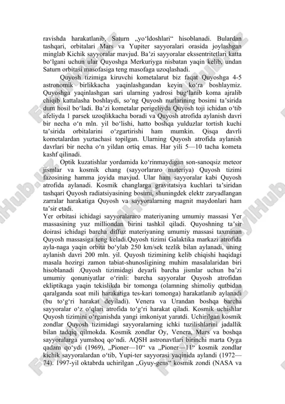 lganda ichki sayyoralar atmosferalari tashqilarinikiga qaraganda ancha siyrak ekanligi maʼlum boʻldi. venerada s02dan iborat juda zich (sathiga yaqin joyda yer sathidagidan 60 marta zich) atmosfera mavjud. mars atmosferasi ham, qisman, s02dan iborat. tashqi sayyo-ralar atmosferasi juda qalin va zich boʻlib, asosan, metan, ammiak va vodoroddan iborat. gigant sayyoralar ichki sayyoralarga qaraganda oʻz oʻqlari atrofida juda katta tezlik bilan aylanadi. plutonning fizik tabiati gigant sayyoralarnikidan tubdan farq qilganligi uchun uni tashqi sayyoralar qatoriga qoʻshib boʻlmaydi. sayyoralar tabiiy yoʻldoshlarining 95 % ga yaqini tashqi sayyoralar atrofida guruhlanadi; mas, yupiter va saturn sayyoralarining oʻzlari quyosh tizimiga oʻxshash kichik sistemani eslatadi. ularning baʼzi yoʻldoshlari (mas, yupiterning ganimedi)ning oʻlchamlari quyosh tizimidagi ayrim sayyo-ralar (mas, merkuriy)ning oʻlchamidan ancha katta (qarang sayyoralarning yoʻldoshlari). saturn sayyorasida oʻzining 20 ga yaqin yoʻldoshidan tashqari, juda mayda jismlardan iborat halqa sistemasiga ega. bu jismlar kepler qonuniga mos ravishda harakatlanib, saturn „yoʻldoshlari“ hisoblanadi. bulardan tashqari, orbitalari mars va yupiter sayyoralari orasida joylashgan …