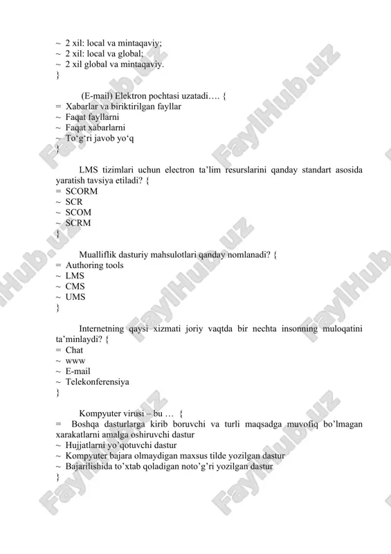 y, global tarmoqlar ~ ichki va tashqi tarmoqlar ~ mahalliy, xalqaro tarmoqlar ~ internet, internet tarmoqlar } aniq bir mavzu bo’yicha electron xabarlar bilan almashuv jarayoni … { = telekonferensiya ~ elektron pochta ~ yangiliklar ~ telekommunikatsiya } internetdan foydalanish bo’yicha o’z xizmatlarini taklif etuvchi struktura(firma, yoki tashkilot) … { = provayder ~ master ~ administrator ~ portal } global tarmoq bu – { = dunyoning ixtiyoriy davlatdagi kompyuterlarni o’zida birlashtirish imkoniga ega bo’lgan tarmoq ~ biror tuman, viloyat yoki respublika miqyosidagi kompyuterlarni o’zida mujassamlashtirilgan tarmoq ~ bir bonoda yoki bir-biriga yaqin binolarda joylashgan kompyuterlarda o’zaro axborotlahish imkonini beruvchi tarmoq ~ biror tuman miqyosidagi kompyuterlarni o’zida mujassamlashtirilgan tarmoq } mintaqaviy tarmoq deganda nimani tushunasiz? { = biror tuman, viloyat yoki respublika miqyosidagi kompyuterlarni o’zida mujassamlashtirilgan tarmoq ~ dunyoning ixtiyoriy davlatdagi kompyuterlarni o’zida birlashtirish imkoniga ega bo’lgan tarmoq ~ bir bonoda yoki bir-biriga yaqin binolarda joylashgan kompyuterlarda o’zaro axborotlahish imkonini beruvchi …