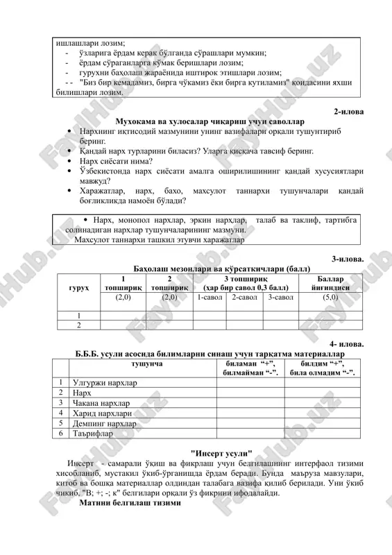r bozor sharoitiga qarab oshirilib yoki kamaytirilib turiladi. monopol narxlar monopol mavqeiga ega bo'lgan tovarlarga belgilanib, ishlab chiqarish bahosidan yuqori yoki past bo'lishi mumkin. tartibga solinadigan narxlar – bu yuqori va quyi chegarasi belgilangan narxlardir. irratsional narxlar er, suv, o'simlik va hayvonot dunyosi kabi tibiiy resurslarga belgilanadigan narxlarni bildiradi. yashirin narxlar xufiyona bozorlarda shakllanadigan narxlarni anglatadi. narx diapazoni. davlatning narx siyosati – bozor iqtisodiyotiga o'tish sharoitida narxlarni erkinlashtirish va milliy bozor narxlarini jahon bozori narxlariga yaqinlashtirishga qaratiladi. 1- ilova gurux bilan ishlash qoidalari gurux a'zolarining xar biri - o'z sheriklarining fikrlarini xurmat kilishlari lozim; - berilgan topshiriqlar bo'yicha faol, xamkorlikda va mas'uliyat bilan ishlashlari lozim; - o'zlariga yordam kerak bo'lganda so'rashlari mumkin; - yordam so'raganlarga ko'mak berishlari lozim; - guruxni baholash jarayonida ishtirok etishlari lozim; · - "biz bir kemadamiz, birga cho'kamiz yoki birga kutilamiz" qoidasini yaxshi bilishlari lozim. 2-ilova muxokama va xulosalar chiqarish uchun savollar · narxning iqtisodiy mazmunini …