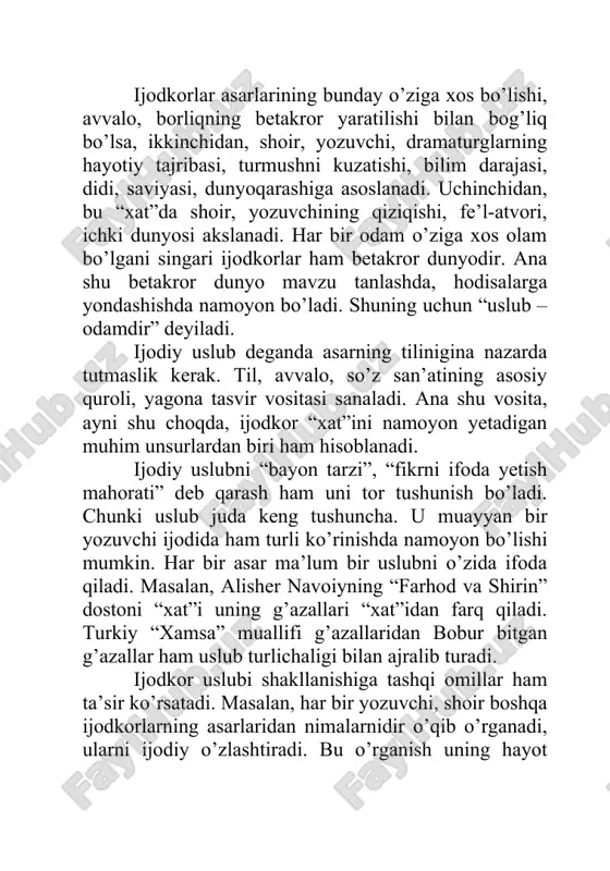 urkiy “xamsa” muallifi g’azallaridan bobur bitgan g’azallar ham uslub turlichaligi bilan ajralib turadi. ijodkor uslubi shakllanishiga tashqi omillar ham ta’sir ko’rsatadi. masalan, har bir yozuvchi, shoir boshqa ijodkorlarning asarlaridan nimalarnidir o’qib o’rganadi, ularni ijodiy o’zlashtiradi. bu o’rganish uning hayot hodisalarini akslantirishi, inson obrazini gavdalantirishiga o’z ta’sirini ko’satadi. uslub – ijodkor xayolotining namoyon bo’lish tarzi ham sanaladi. yozuvchi, shoir voqyealarni, qahramonlarni, ular yashaydigan manzil manzaralarini qanday tasavvur qilsa, shunday ifodalaydi. oybek qahramonlari harakatlanadigan joylarni jamiki ko’rinishlari bilan keng bayon yetadi. personajlar qiyofa, holatini batafsil suratlantiradi. abdulla qahhor yesa qahramonlari turgan joyni ham, ularning holati, ahvolini ham ixcham, lo’nda, yeng muhim jihatlariga ye’tiborni qaratgan holda tasvirlaydi. adabiy tanqid yangi bosqichda. 0‘zbckiston mustaqillikka erish-gandan so‘r.g barcha sohalarda crkin rivojlanish boshlandi. bu hoi ilm-fan, adabiyot va san’at laraqqiyotida ham o’z ifodasini topdi. sho‘ro davri iskanjasidan va siyosatlashgan mafkura tazyiqidan qutui-gan badiiy tafakkur erkin ijod yo'liga o‘tdi. adabiy tanqid badiiy asarlaiga milliy g‘oya va umumbashariy …