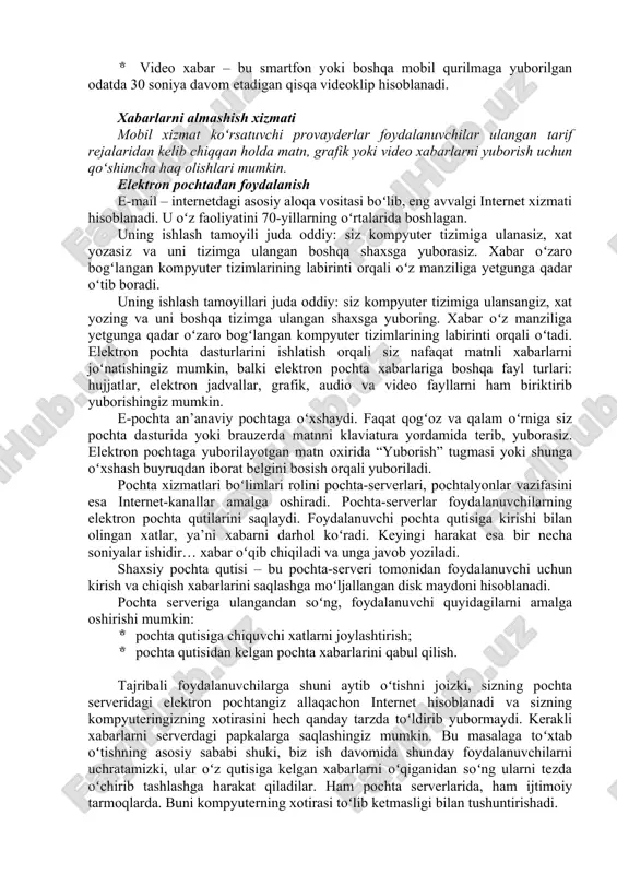 arket, app store va h.k.) orqali yuklab olinadi va smartfonlarga oʻrnatiladi. smartfonlar odatda boshqa qurilmalar yoki kompyuterlar bilan simsiz aloqa oʻrnatish orqali muloqotga kirishlari mumkin. aksariyat smartfonlar bilan musiqa tinglash, fotosuratlar olish va videolarni yuklashingiz mumkin. koʻpgina smartfon sensorli ekranlarga ega. sensorli ekran oʻrniga yoki qoʻshimcha ravishda, ayrim smartfonlarda telefonning ichkarisiga va tashqarisiga surilib kirib-chiqadigan sirpanuvchi klaviaturasi boʻlishi mumkin. yana boshqa turdagilari raqamlar va harflarni oʻz ichiga olgan mini-klaviatura yoki klaviatura mavjud. ulardan ba’zilari phablet deb nomlanadi, chunki ular smartfonning vazifalarini planshet bilan birlashtiradi. telefonda kimgadir qoʻngʻiroq qilish oʻrniga, telefonning ekrandagi klaviaturasidagi tasvirlarni, telefonning mini-klaviaturasidagi tugmalarni yoki telefon klaviaturasidagi tugmalarni bosish orqali boshqalarga xabar yuborishingiz mumkin. quyida smartfonlardan foydalanilgan holda yuborish mumkin boʻlgan toʻrtta mashhur xabar: ovozli, matnli, rasmli va video xabar turlari keltirilgan.  ovozli xabar – bu smartfonga yoki boshqa mobil telefonga yoki boshqa mobil qurilmadan yuborilgan qisqa audio yozuvdir.  matnli xabar – bu odatda smartfon yoki …