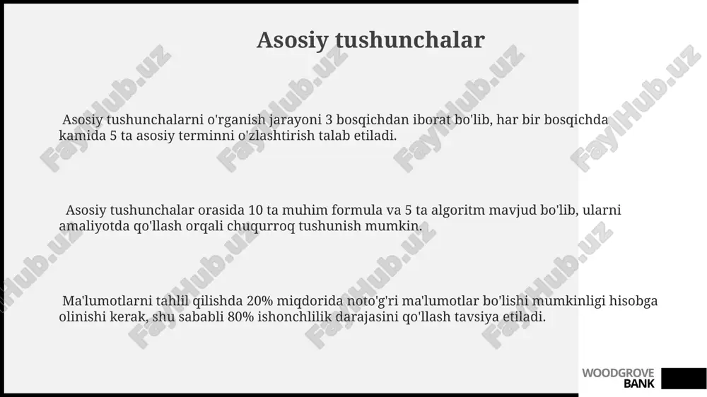 arning 20%i ritorikaviy savollar va 30%i statistik ma'lumotlar bo'lishi mumkin. woodgrove bank tahlil va baholash tahlil va baholash jarayonida kamida 3 ta o'lchov mezonlaridan foydalanish samaradorlikni 20% ga oshirishi mumkinligi aniqlangan. ko'p o'lchamli tahlil usullaridan foydalanish orqali xatolar sonini 15% ga kamaytirish va prognozlashning aniqligini 10% ga oshirish mumkin. tahliliy ma'lumotlarning 80%i vizuallashtirish orqali samaraliroq o'zlashtirilib, baholash jarayoni tezlashtiriladi va aniqlik oshiriladi. woodgrove bank e'tiboringiz uchun rahmat @taqdimot_robot woodgrove bank