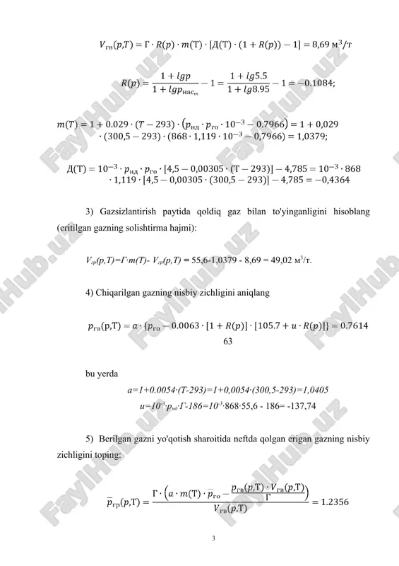 pshiriq. quduqni sinoviy ekspluatatsiya qilish natijalari bo'yicha jadvalda keltirilgan ma'lumotlar olingan. 10.2. neftning gaz bilan to'yinganlik bosimini, hajm koeffitsientini, zichligi va rezervuar sharoitida qisqarishini aniqlash talab qilinadi. barcha gazlar yog'da eritiladi qaror. to’yinganlik bosimini taxminan standing dasturi yordamida topish mumkin (10.2-rasm). buning uchun nomogrammaning chap tomonida joylashgan g = 127 m3 / m3 gaz faktoriga mos keladigan nuqtadan, gorizontal chiziqni gazning zichligini ρg = 0,8 kg / m3 ifoda etuvchi moyil tekis chiziq bilan kesishguncha o'ngga gorizontal chiziq chizamiz. olingan nuqtani yog 'zichligi r = 852 kg / m3 ga to'g'ri keladigan to'g'ri chiziq bilan kesishgan joyga tushiramiz. 10.2 rasm – to’yinish bosimini aniqlash nomogrammasi 10.3 chizma – neftning hajm koeffitsientini aniqlash uchun nomogramma keyinchalik, t = 338 k qatlam qatlamini kesib o'tguncha o'ng tomonga gorizontal chiziq chizamiz va vertikal pastga tushganda, bosim o'qi bilan kesishgan joyda neft bilan to'yinganlik bosimini topamiz rnas =18,5 mpa. 10.2 -jadval variant nomeri neftning …