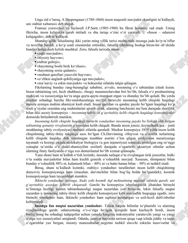 g eng o‘tkir aql-zakovat sohiblari e’tiboridan tushmay va ayni vaqtda o‘zining uzil-kesil, umumiy e’tirof etilgan yechimini topmay kelmoqda. inson har safar mutafakkirlar diqqat markazidan o‘rin olar ekan, uning mohiyatini yangi tarixiy sharoitda va yangicha nuqtai nazardan anglab yetishga harakat qilib, uni qayta va qayta yangidan kashf etganlar. pirovardida, falsafa fanida insondan murakkabroq va ziddiyatliroq predmet yo‘q, desak, hech mubolag‘a bo‘lmaydi. inson barcha yaxshi fazilatlarni o‘zida mujassamlashtirgan o‘ziga xos, betakror va barkamol mavjudot – cheksiz mikrokosm sifatida ham, inson tabiatining norasoligi va buzuqligi tufayli halokatga mahkum bo‘lgan tabiat xatosi sifatida ham, xudo yaratgan banda sifatida ham, boshqa odamlar faoliyatining mahsuli sifatida ham talqin qilinadi. xususan, sharq mutafakkiri a.beruniy jahon fanida birinchi marta inson va tabiat, odam va olam o‘rtasidagi munosabatlarni dunyoviy fan nuqtai nazaridan o‘rganadi. u “odamlar tuzilishining rang, surat, tabiat va axloqda turlicha bo‘lishi faqatgina nasablarining turlichaligidan emas, balki tuproq, suv, havo va yerning, odam yashaydigan joylarning turlichaligi hamdir. tillarning …