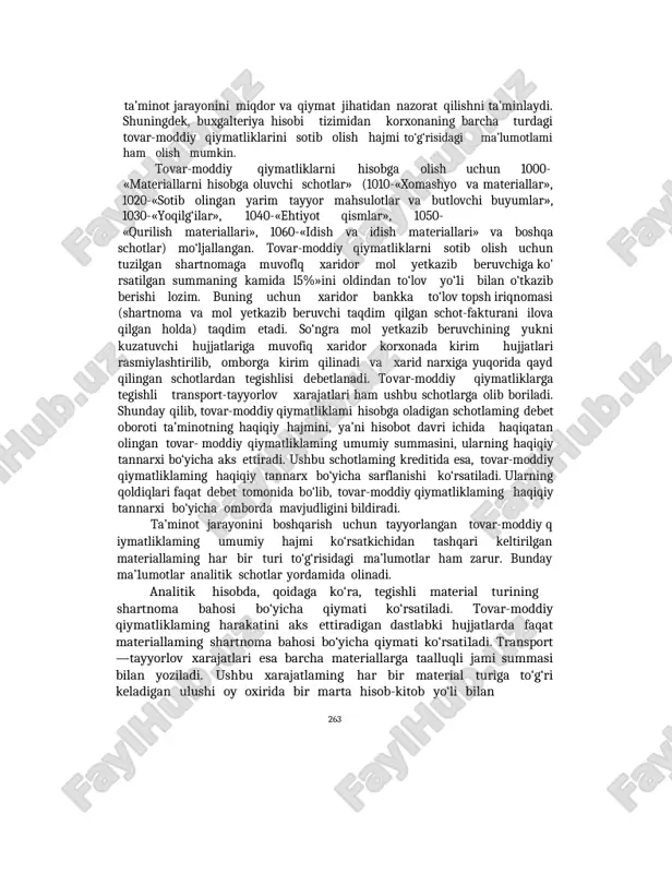 oddiy qiymatliklarini sotib olish hajmi to‘g‘risidagi ma’lumotlami ham olish mumkin. tovar-moddiy qiymatliklarni hisobga olish uchun 1000- «materiallarni hisobga oluvchi schotlar» (1010-«xomashyo va materiallar», 1020-«sotib olingan yarim tayyor mahsulotlar va butlovchi buyumlar», 1030-«yoqilg‘ilar», 1040-«ehtiyot qismlar», 1050- «qurilish materiallari», 1060-«idish va idish materiallari» va boshqa schotlar) mo‘ljallangan. tovar-moddiy qiymatliklarni sotib olish uchun tuzilgan shartnomaga muvoflq xaridor mol yetkazib beruvchiga ko' rsatilgan summaning kamida l5%»ini oldindan to‘lov yo‘1i bilan o‘tkazib berishi lozim. buning uchun xaridor bankka to‘lov topsh iriqnomasi (shartnoma va mol yetkazib beruvchi taqdim qilgan schot-fakturani ilova qilgan holda) taqdim etadi. so‘ngra mol yetkazib beruvchining yukni kuzatuvchi hujjatlariga muvofiq xaridor korxonada kirim hujjatlari rasmiylashtirilib, omborga kirim qilinadi va xarid narxiga yuqorida qayd qilingan schotlardan tegishlisi debetlanadi. tovar-moddiy qiymatliklarga tegishli transport-tayyorlov xarajatlari ham ushbu schotlarga olib boriladi. shunday qilib, tovar-moddiy qiymatliklami hisobga oladigan schotlaming debet oboroti ta’minotning haqiqiy hajmini, ya’ni hisobot davri ichida haqiqatan olingan tovar- moddiy qiymatliklaming umumiy summasini, ularning haqiqiy tannarxi …