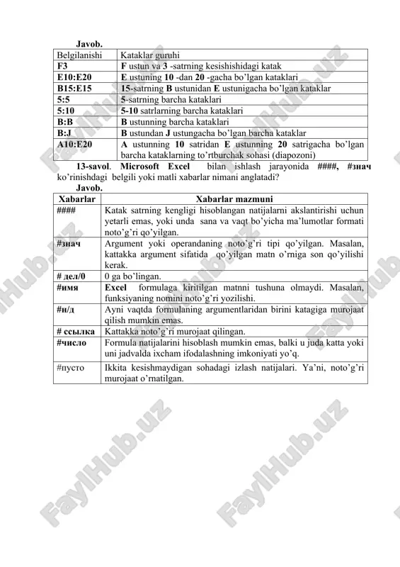 bo’lgan kataklari b15:e15 15-satrning b ustunidan e ustunigacha bo’lgan kataklar 5:5 5-satrning barcha kataklari 5:10 5-10 satrlarning barcha kataklari b:b b ustunning barcha kataklari b:j b ustundan j ustungacha bo’lgan barcha kataklar a10:e20 a ustunning 10 satridan e ustunning 20 satrigacha bo’lgan barcha kataklarning to’rtburchak sohasi (diapozoni) 13-savol. microsoft excel bilan ishlash jarayonida ####, #znach ko’rinishdagi belgili yoki matli xabarlar nimani anglatadi? javob. xabarlar xabarlar mazmuni #### katak satrning kengligi hisoblangan natijalarni akslantirishi uchun yetarli emas, yoki unda sana va vaqt bo’yicha ma’lumotlar formati noto’g’ri qo’yilgan. #znach argument yoki operandaning noto’g’ri tipi qo’yilgan. masalan, kattakka argument sifatida qo’yilgan matn o’rniga son qo’yilishi kerak. # del/0 0 ga bo’lingan. #imya excel formulaga kiritilgan matnni tushuna olmaydi. masalan, funksiyaning nomini noto’g’ri yozilishi. #n/d ayni vaqtda formulaning argumentlaridan birini katagiga murojaat qilish mumkin emas. # ssilka kattakka noto’g’ri murojaat qilingan. #chislo formula natijalarini hisoblash mumkin emas, balki u juda katta yoki uni jadvalda …