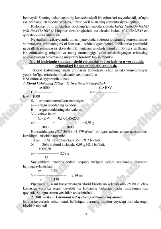 eaksiyasiga asoslangan, bunda kuchsiz dissosilanadigan suv molekulalari xosil bo’ladi: h+ + oh = h2o neytrallash metodidan kislota va ishqorlari, shuningdek eritmada gidrolizlanib kislotali yoki ishqoriy muhit hosil qiladigan tuzlarni miqdoriy aniqlash uchun foydalaniladi. neytrallash metodida kuchli kislota yoki ishqorlarning eritmalari ish eritmalari bo’lib hisoblanadi. agar neytrallash metodi bilan qandaydir kislota eritmasining noma’lum konsentrasiyasini aniqlash talab qilinsa, bu eritma ishqorning titrlangan eritmasi bilan, ko’pincha 0,1n naoh yoki koh eritmasi bilan titrlanadi. ishqor eritmasining konsentrasiyasini aniqlash uchun u ko’pincha 0,1n hc1 yoki h2so4 kislotaning tatrlangan eritmasi bilan titrlanadi. kislota va ishqorlarning titrlangan ish eritmalarini tortim bo’yicha tayyorlash mumkin emas, chunki ular boshlang’ich moddalarga qo’yiladigan talablarga javob bermaydi. shuning uchun taxminiy konseshrasiyali ish eritmalari tayyorlanadi, so’ngra esa boshlang’ich modda bo’yicha, titrlash yo’li bilan aniq konsentrasiyasi topiladi. kislotalar titrni aniqlashda boshlang’ich modda sifatida bo’ra na2b4o7•10h2o yoki na2co3•10h2o ishqorlar titrni aniqlashda esa oksalat kislota h2c2o4•2h2o eki qahrabo kislota ishlatiladi. neytrallash reaksiyalarida titrlash jarayonida vodorod ionlarining …