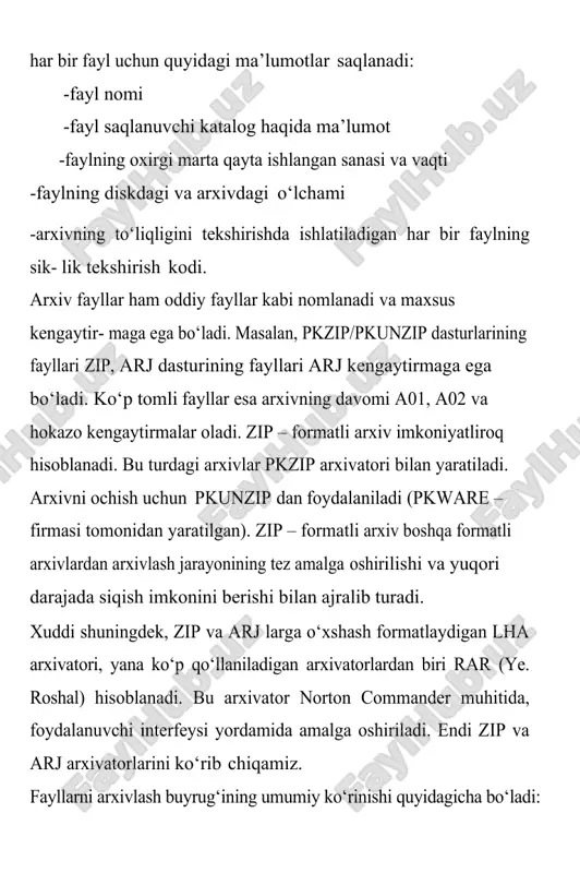ki arj buyruq holat arxiv_nomi [katalog/][fayllar_nomi]. bu buyruqlarning parametri: · buyruq parametri bitta harfdan iborat bo‘lib, u arj ning bajaradi- gan ishini ko‘rsatadi. masalan: a-arxivga fayllarni qo‘shish, m-arxivga fayllarni ko‘chirib o‘tkazish va hokazo. · hotat parametri «-» yoki «/» belgilari bilan boshlanib umumiy holda quyidagilarni bildirishi mumkin: a(add) – hamma fayllarni arxivga qo‘shish? u(update) – yangi fayllarni arxivga qo‘shish? f(freshen) – arxivdagi mavjud fayllarning yangi turlarini arxivga qo‘shish? · arxiv_nomi – arxiv nomi (yoki to‘liq nomi) ko‘rsatiladi. agar ushbu fayl mavjud bo‘lmasa u yangi tashkil etiladi? · katalog – arj arxivatori uchun fayllar joylashgan papka nomini bildiradi. agar u berilmagan bo‘lsa, katalog sifatida joriy papka olinadi? · [fayllar_nomlari] – arxivlanuvchi fayllar nomlari bo‘lib, ular bo‘sh joy (probel)lar bilan ajratilgan holda ko‘rsatiladi. bunda ◆ va ? belgilari- dan ham foydalanish mumkin. agar fayl nomi ko‘rsatilmasa joriy pap- kadagi fayllarning hammasi arxivlanadi. misollar. faraz qilamiz, kursi degan faylni pkzip va arj arxivatorlari …