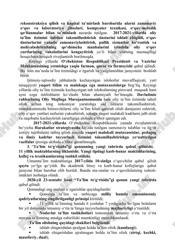 a muhim bo‘lgan bo‘lsada, omma ta’lim tizimini isloh qilishning amaliy chora-tadbirlarini, ta’lim-tarbiya va o‘quv jarayonlarining tarkibini, bosqichlarini, bir-biri bilan uzviy bog‘lash, ya’ni uzluksizlikni ta’minlash muammolarini yecha olmadi. o‘quv rejalarida yoshlar ahloq va odob, ijtimoiy, iqtisodiy, huquqiy bilimlar asoslarini o‘rgatadigan fanlarga, xorijiy tillarni o‘rganishga yetarli o‘rin berilmadi. bu boradagi kamchiliklarni to‘ldirib, to‘g‘rilash maqsadida ta’lim tizimiga o‘zgarishlar kiritish kun tartibiga qo‘yildi va bunga harakat boshlandi. qolaversa, unda 1997-yil o‘zbekiston respublikasi oliy majlisi ix sessiyasida qabul qilingan «kadrlar tayyorlash milliy dasturi»ning ilk chizmalarini ko‘rish mumkin edi. ta’lim tizimida oliy ta’limda fanlar asosida o‘qishga qabul qilish ham adolatli tartibda kechishini ta’minlash uchun test tizimiga o‘tildi. 1993-yilda oliy ta’lim tizimidagi islohotlarga keng e’tibor berildi. bu masala o‘zbekiston respublikasi vazirlar mahkamasida alohida yig‘inda tahlil etildi. oliy o‘quv yurtlarining ahvoli va ularni ishlab chiqarish korxonalari bilan munosabatlari takomillashtirish maqsadida test tizimiga o‘tish zarurligi kun tartibiga qo‘yildi. mamlakatimizda istiqlolning dastlabki yillaridan boshlab ta’lim-tarbiya tizimini tubdan isloh qilishga alohida …