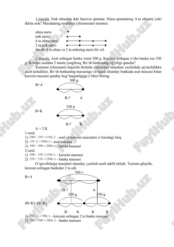 iy hayotiy masalalarga javob bera oladilar. "matematika aql gimnastikasi" deyilishi bejis emas, albatta. bir amal bilan yechiladigan sodda arifmetik masalalar, umuman ikkita formula bilan ifodalanadi: a = b + c va a = b • c. shuning uchun sodda masala yechishda quyidagilarni bilish yetarli: l)a = b + c va a = bc ko'rinishda ifodalash; 2) qaysi miqdorni noma'lumligini aniqlash (qo’shiluvchi, yilindi, ko'paytma, ko’paytuvchi); 3) mos amalni tanlash. masala shartini matematik tilga o'tkazish nima?. bir qarashda yechishi amaliy jihatidan bir xil lekin umuman boshqa masalalarni qarash mumkin. masalan, likopchada ~ 3 ga olma, 4 ta anor, va 2 ta nok bor bo'lsa, mevalarning umumiy soni qanday topiladi? alvatta 3+4 + 2 = 9. shuningdek dars jadvalidagi bugun rtiladigan ikki soat chet tili, va jismoniy tarbiya bo'lsa 2 +2+ 1= 5 tenglikni yozamiz. har ikkala holat uchun matematik modeldan foydalandik. ya'ni olma, anor, noklarni va matematika, chet tili, fizkulturalarni qo'shmasdan natural …