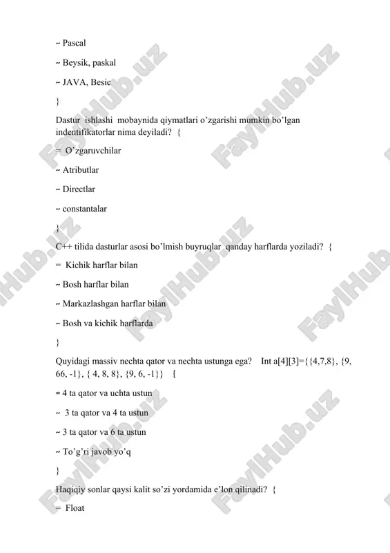 tavsiflanadi: { = tur identifikator[o’lcham_1][o’lcham_2]…[o’lcham_n]; ~ tur identifikator[o’lcham]; ~ a[5] ~ to’g’ri javob yo’q } ikki o’chovli butun tipidagi 10 ta satrli va 20 ustunli massiv(10x20) qanday ifodalanadi? = int a[10][20]; ~ int a[10,20] ~ int a[10] ~ int a[20] }