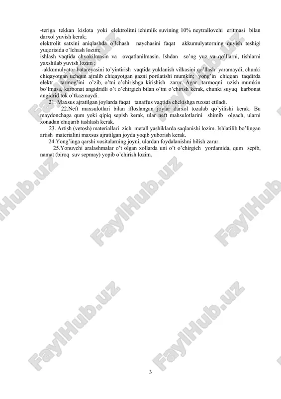 lardan foydalanib ushlash lozim. 15.generator va starterlarni tekshirish, sinash stendlarida tekshirayotganda ishlayotganlar shikastlanmasliklari va mexanizmlarni shikastlamasligi uchun ularni kesish qurilmalarida to’g’ri markazlash va ishonchli mahkamlash zarur. 16. taqsimlagichni stend kronshteynida ishonchli maxkamlash va mufta yordamida stend yuritmasiga o’qdosh qilib biriktirish kerak. taqsimlagichni sinayotganda stendning aylanayotgan muftasi ro’parasida turish yaramaydi. 17. stendda ishlash tugagach, uni elektr tarmog’idan albatta o’zib qo’yish lozim. 18. ish vaqtida elektr energiyasi to’satdan kelmay qolsa, tanaffus vaqtida stendni elektr tarmog’idan uzib qo’yish lozim. 19. elektr jixozlar asboblari zanjirida tok borligini tekshirgan xolda voltmetr yoki nazorat lampasidan foydalanish lozim. qisqa tutatish sodir bo’lganda tok borligini tekshirish yaramaydi. chunki bu xol qo’lni kuydirishi xamda asboblarni ishdan chiqarishi mumkin. 20. akkumulyatorlar batareyasi bilan ishlayotganda quyidagi qoidalarga rioya qilish zarur; -sulfat kislota quyilgan akkumulyatorlar batareyasi va butillarni maxsus moslamalar (qamragichlar) yordamida ko’chirish yoki batareyalar (butillar) o’lchamiga mos uyalar bor maxsus aravachalarda tashish, qo’lni sulfat kislota yoki elektrolit kuydirmasligi uchun rezina qo’lqop …