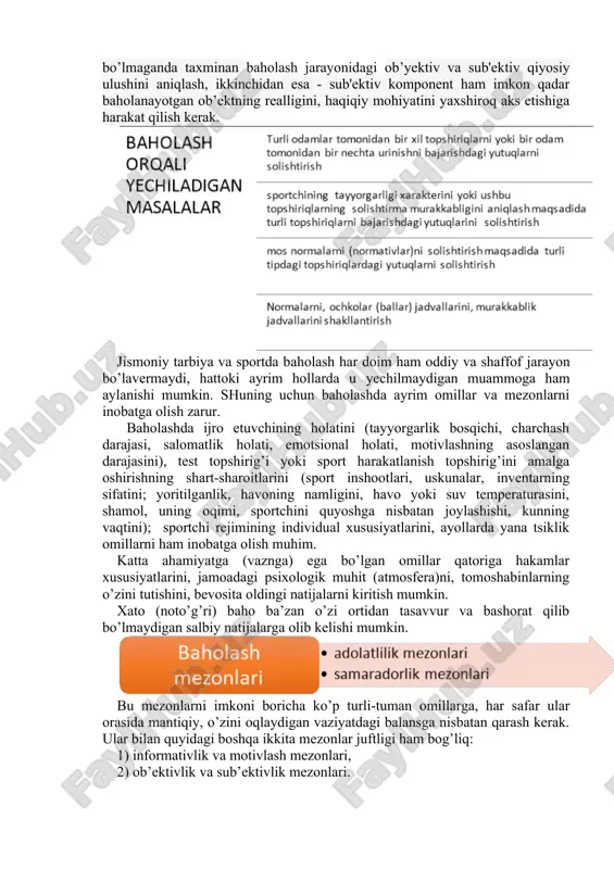 arini (sport inshootlari, uskunalar, inventarning sifatini; yoritilganlik, havoning namligini, havo yoki suv temperaturasini, shamol, uning oqimi, sportchini quyoshga nisbatan joylashishi, kunning vaqtini); sportchi rejimining individual xususiyatlarini, ayollarda yana tsiklik omillarni ham inobatga olish muhim. katta ahamiyatga (vaznga) ega bo’lgan omillar qatoriga hakamlar xususiyatlarini, jamoadagi psixologik muhit (atmosfera)ni, tomoshabinlarning o’zini tutishini, bevosita oldingi natijalarni kiritish mumkin. xato (noto’g’ri) baho ba’zan o’zi ortidan tasavvur va bashorat qilib bo’lmaydigan salbiy natijalarga olib kelishi mumkin. bu mezonlarni imkoni boricha ko’p turli-tuman omillarga, har safar ular orasida mantiqiy, o’zini oqlaydigan vaziyatdagi balansga nisbatan qarash kerak. ular bilan quyidagi boshqa ikkita mezonlar juftligi ham bog’liq: 1) informativlik va motivlash mezonlari, 2) ob’ektivlik va sub’ektivlik mezonlari. pedagogik baholashning quyidagi ikki funktsiyalari to’g’risida gapirish mumkin: a) informatsion (axborot beruvchi), b) motivatsion (motiv beruvchi). ikkovini ham aytib o’tilgan mezonlar bo’yicha aqlga muvofiq holda muvozanatlashtirgan holda baholash kerak. masalan, murabbiy o’zi uchun baholarning informativlik bahosidan foydalanadi, shogirdlari uchun esa boshqa …