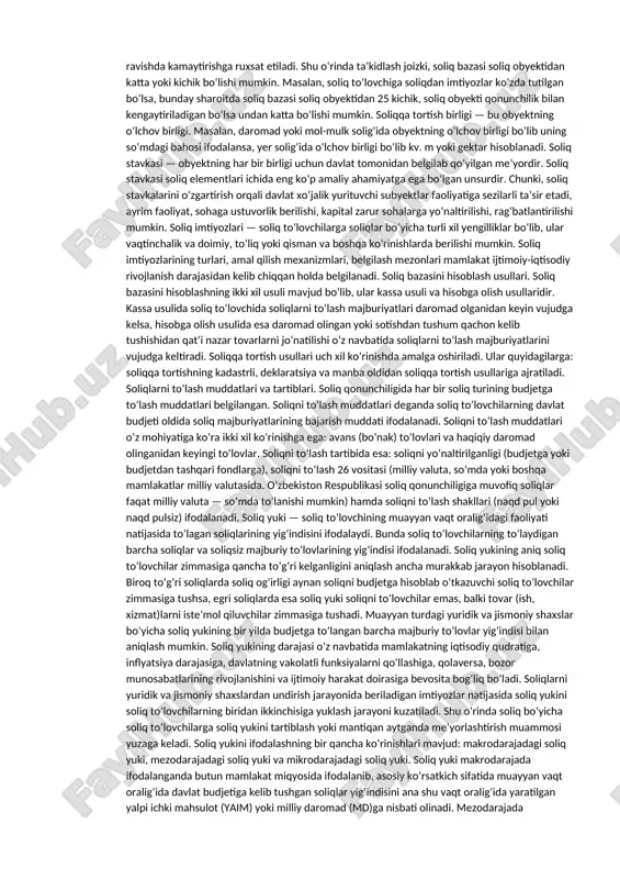 shaxslarning mazkur korxonada o‘z mehnati, investitsiyasi bilan ishtirok etishi natijasida 23 olgan daromadi (foydasi)dan soliqlarni ushlab qoladi va davlat budjetiga o‘tkazib beradi. soliq agentlari davlat budjetiga soliqlarni bevosita yoki bilvosita ishga yollanganligi natijasida to‘lanadigan ish haqidan, dividendlardan, doimiy muassasa orqali faoliyat ko‘rsatmaydigan norezident yuridik va jismoniy shaxslardan ushlanishi lozim bo‘lgan soliq summalarini ushlab qoladi va budjetga o‘tkazib beradi, ushlab qolinmagan, kam ushlab qolingan va o‘z vaqtida o‘tkazib berilmagan soliq summasi uchun qonunchilikda belgilangan moliyaviy, ma’muriy va jinoiy javobgarlikka tortiladilar. har bir yuridik shaxs soliq munosabatlarida soliq subyekti bo‘lishi bilan birgalikda soliq agenti sifatida ham ishtirok etadi. soliq agenti iqtisodiy adabiyotlarda asosan fiskal agent sifatida qayd etiladi. soliq obyekti — soliq to‘lovchining soliq hisoblanadigan va soliqqa tortish uchun asos bo‘lib xizmat qiladigan daromadi, oboroti va mol-mulki tushuniladi. soliq obyekti sifatida foyda yoki daromad, muayyan tovarlarning qiymati, yer maydoni, jismoniy va yuridik shaxslarning mulklari, tabiiy resurslardan foydalanish miqdori va boshqalar kiradi. soliq …