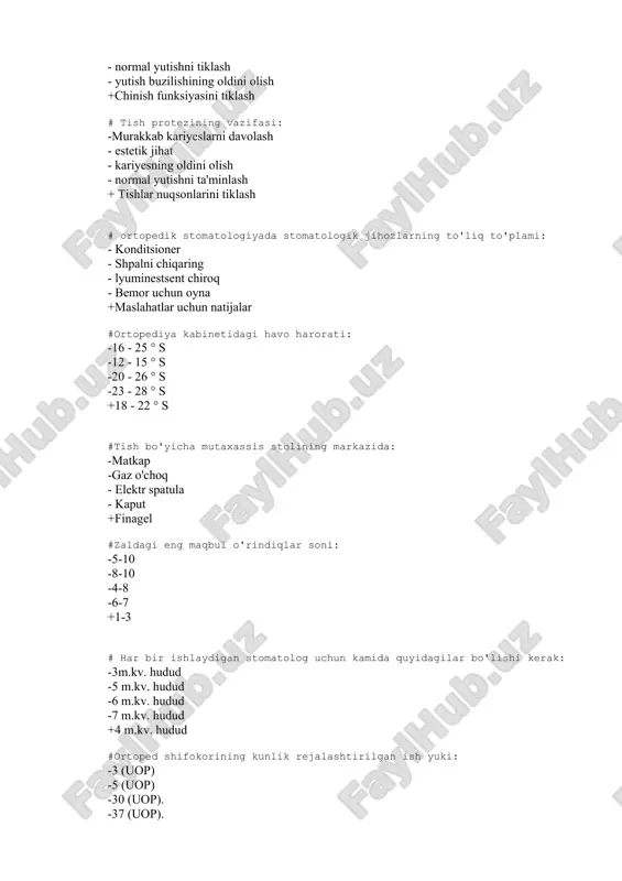 l yutishni ta'minlash + tishlar nuqsonlarini tiklash #ortopedik stomatologiyada stomatologiya bo'limining to'liq komponentlari: - konditsioner - shpalni chiqaring - lyuminestsent chiroq - bemor uchun oyna +maslahatlar uchun natijalar #bemorni tekshirish uchun asosiy vositalar: - periodontal zond - krampon qisqichlari -lift - shtopfer +oyna #tish oynasining maqsadi? - tish tayyorlash uchun - tish blyashka mavjudligini tekshirish - qo'shimcha muhrlash vositasi - tish tishlarini tortib olish uchun +erish qiyin bo'lgan joylarni tekshirish #tish pinsetlarining maqsadi: - lablar tortilishi - harakatlanuvchi plomba moddasi - tish davolash - borish qiyin bo'lgan joylarni tekshirish +tishlarning harakatchanlik darajasini aniqlash #tish probining maqsadi: - tish rangini aniqlash -tishlarning harakatchanligini aniqlash - tish davolash - tish plastinkasini olib tashlash uchun +kariyer bo'shliqlarni tadqiq qilish #tish problarining turlari: - yoriq - pulpar -s shaklida -umumjahon +periodontal #krampon forsepslari ortopedik stomatologiyada quyidagilar uchun ishlatiladi: - toj bezaklari - materialni mahkamlash - pin quyish - pin sozlamalari +eguvchi simli qisqichlar #tish …